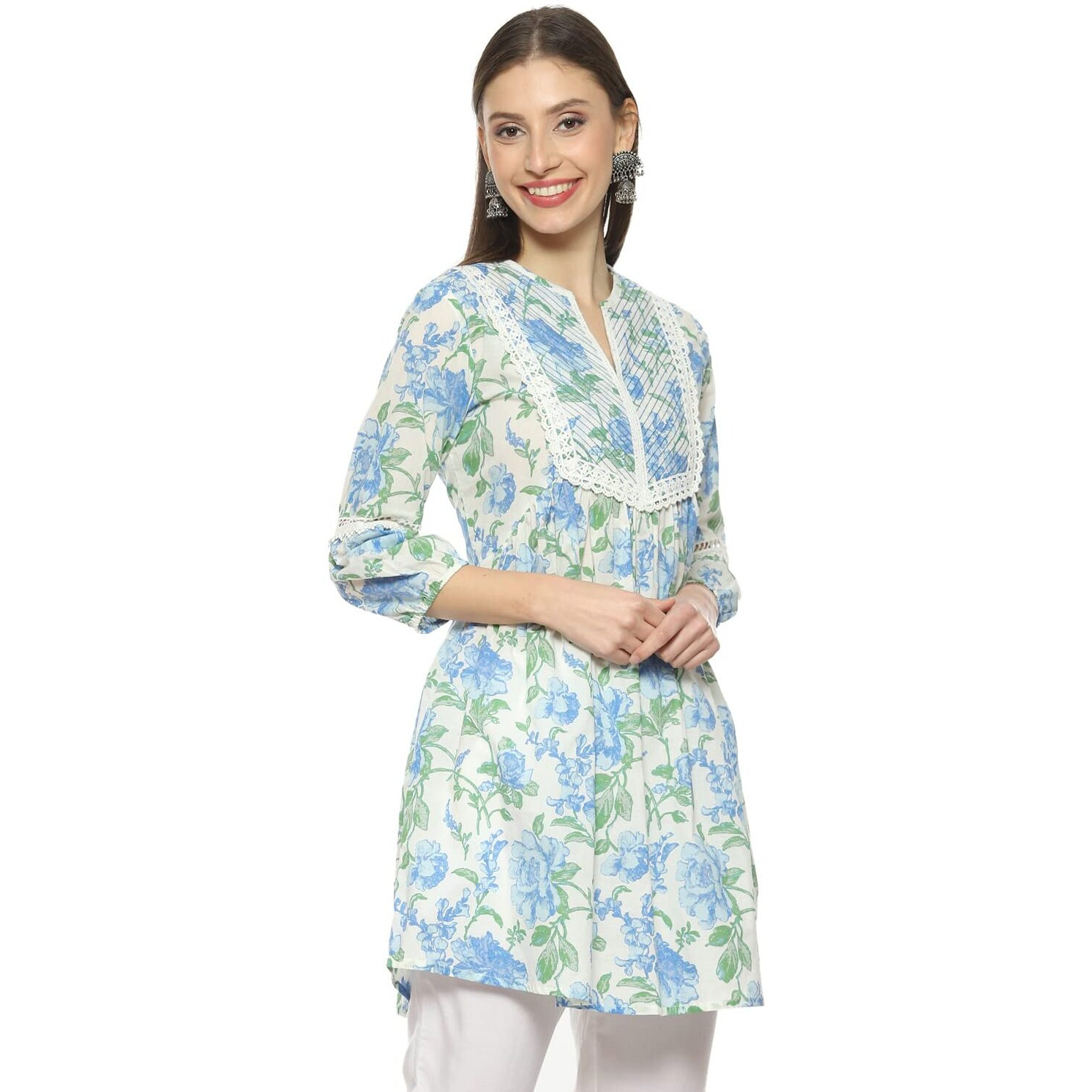 Biba Women's Printed Mix And Match(Roses An19176_Blue_42) - Cotton, Regular, Kurti