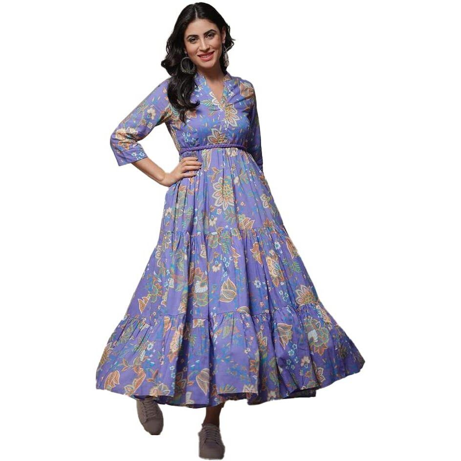 Biba Women's Lilac Cotton Tiered Printed Maxi Dress