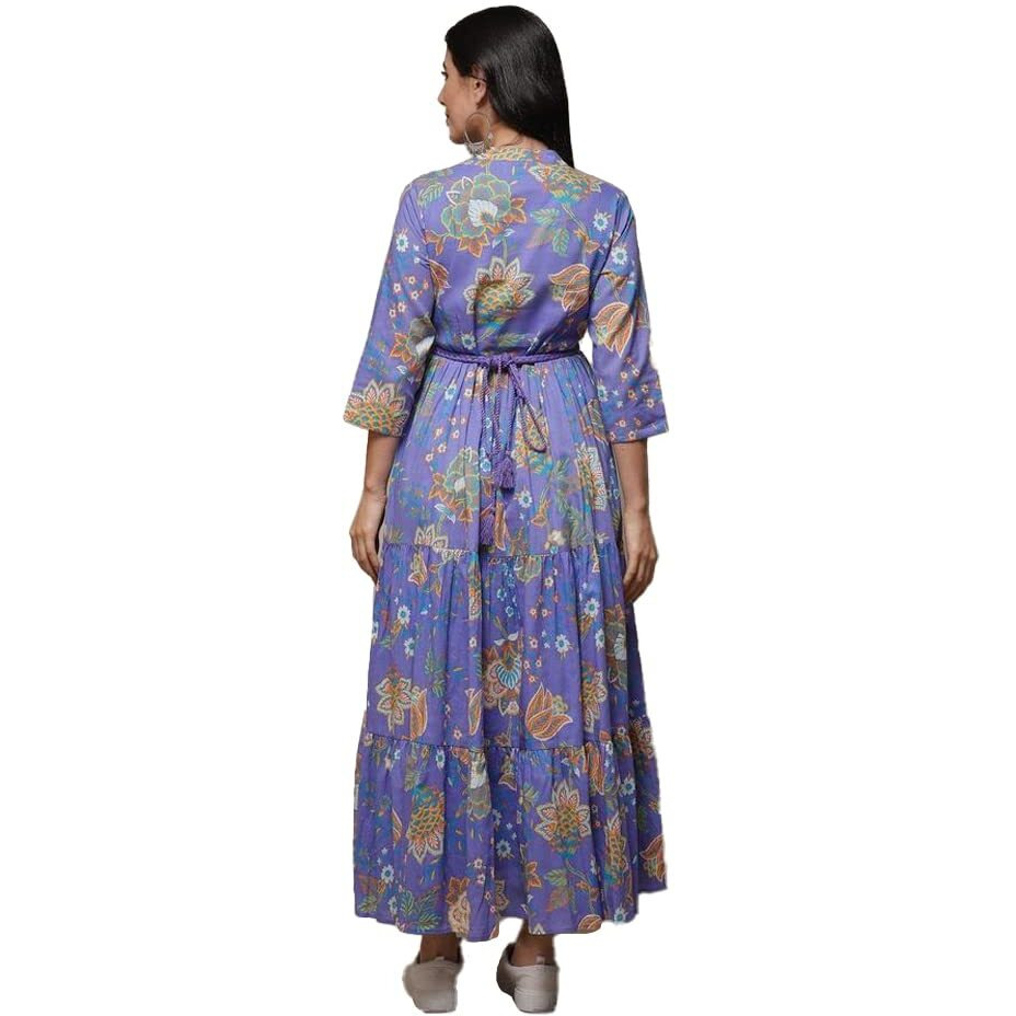Biba Women's Lilac Cotton Tiered Printed Maxi Dress