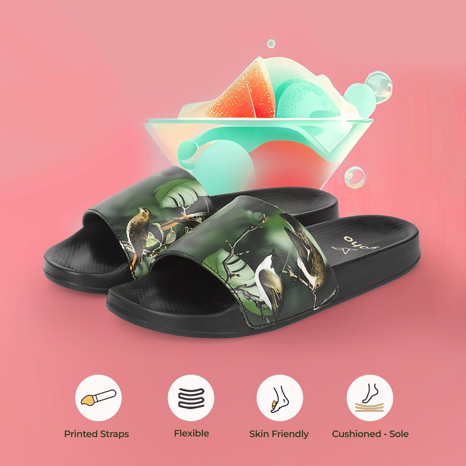 Yoho Tropica Printed Comfortable Women Slides | Stylish & Waterproof | Soft Inner Lining On Strap