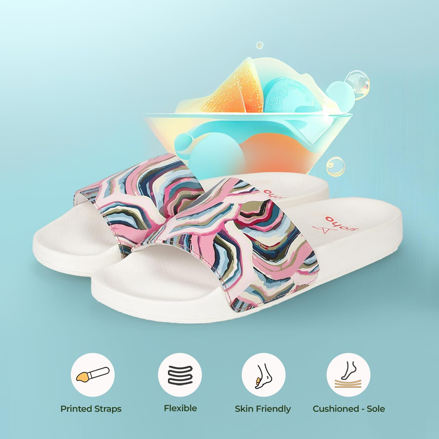 Yoho Tropica Printed Comfortable Women Slides | Stylish & Waterproof | Soft Inner Lining On Strap