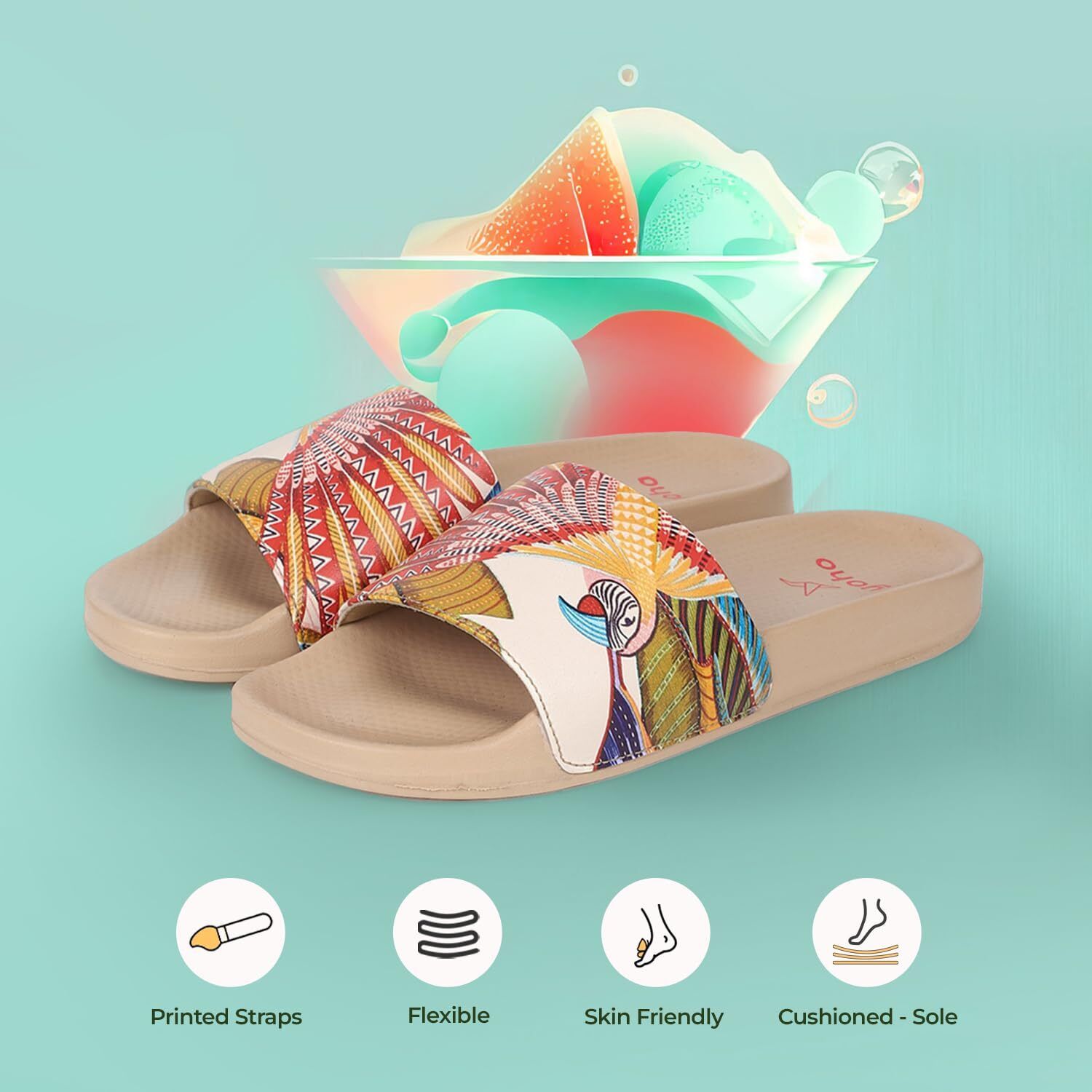 Yoho Tropica Printed Comfortable Women Slides | Stylish & Waterproof | Soft Inner Lining On Strap