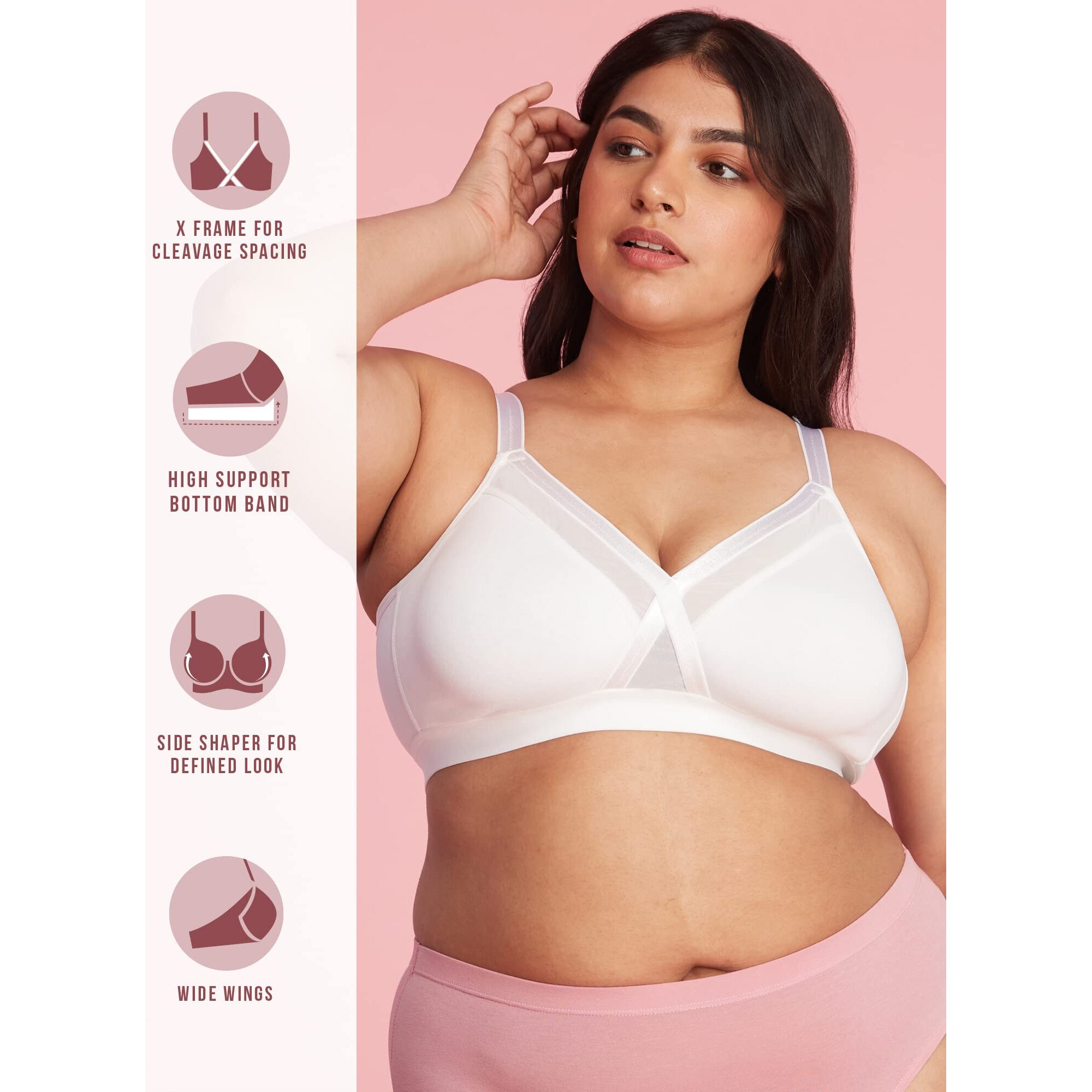 Nykd WomenS X-Frame Laced Everyday Cotton Bra With Wide Bottom Band For Extra Support, Shape & Comfort | Non Padded | Wirefree | Medium Coverage Bra, Nyb191, White, 34D, 1N