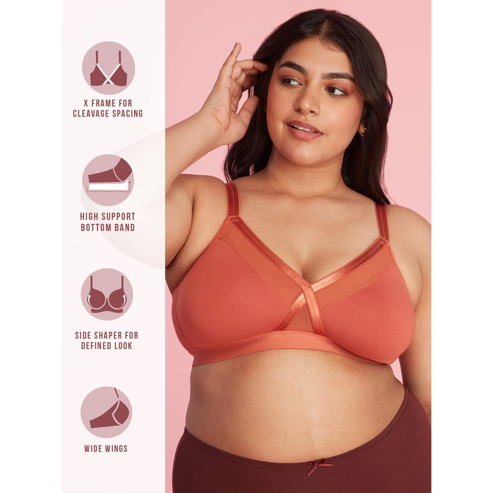 Nykd WomenS X-Frame Laced Everyday Cotton Bra With Wide Bottom Band For Extra Support, Shape & Comfort | Non Padded | Wirefree | Medium Coverage Bra, Nyb191, Carrot, 38D, 1N