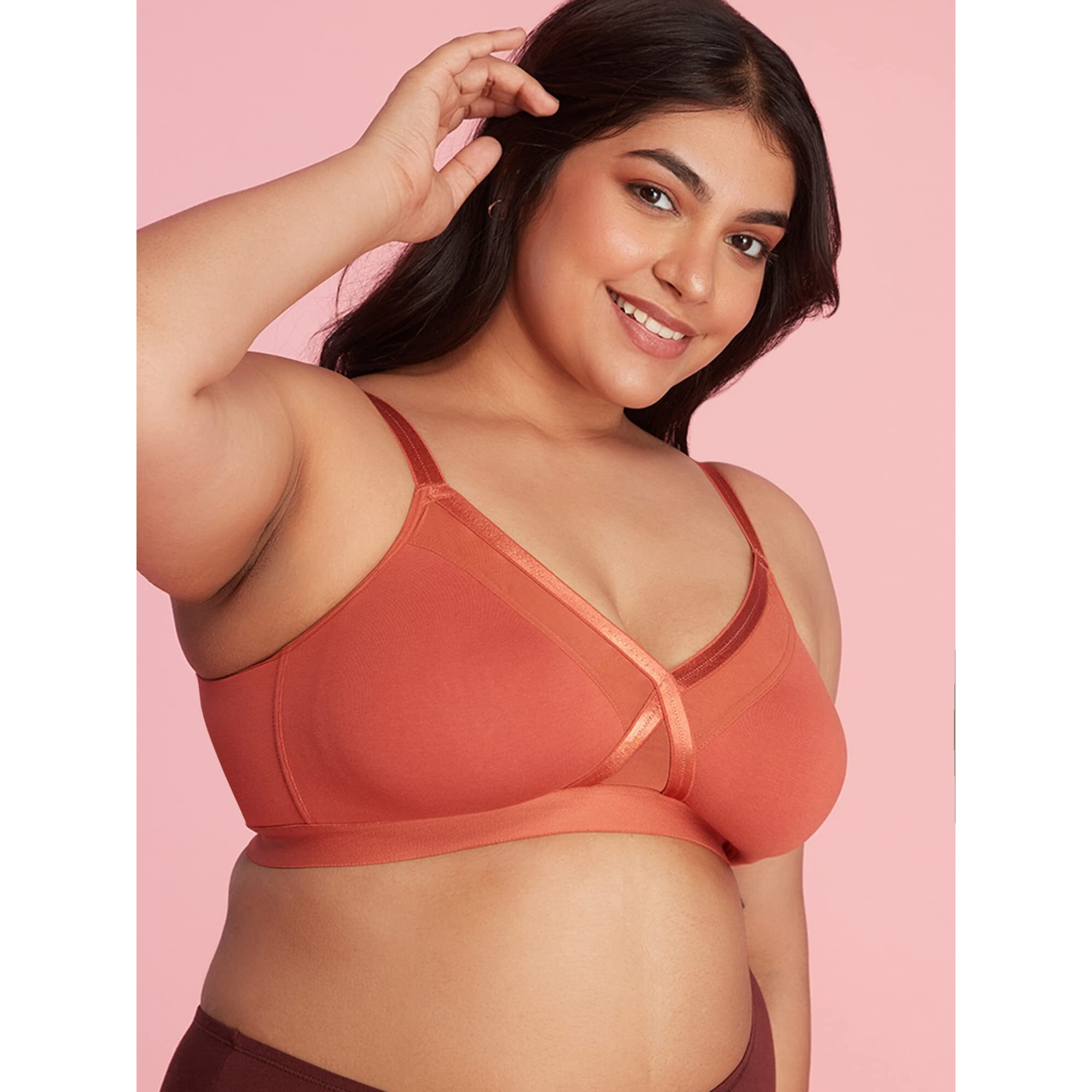Nykd WomenS X-Frame Laced Everyday Cotton Bra With Wide Bottom Band For Extra Support, Shape & Comfort | Non Padded | Wirefree | Medium Coverage Bra, Nyb191, Carrot, 38D, 1N