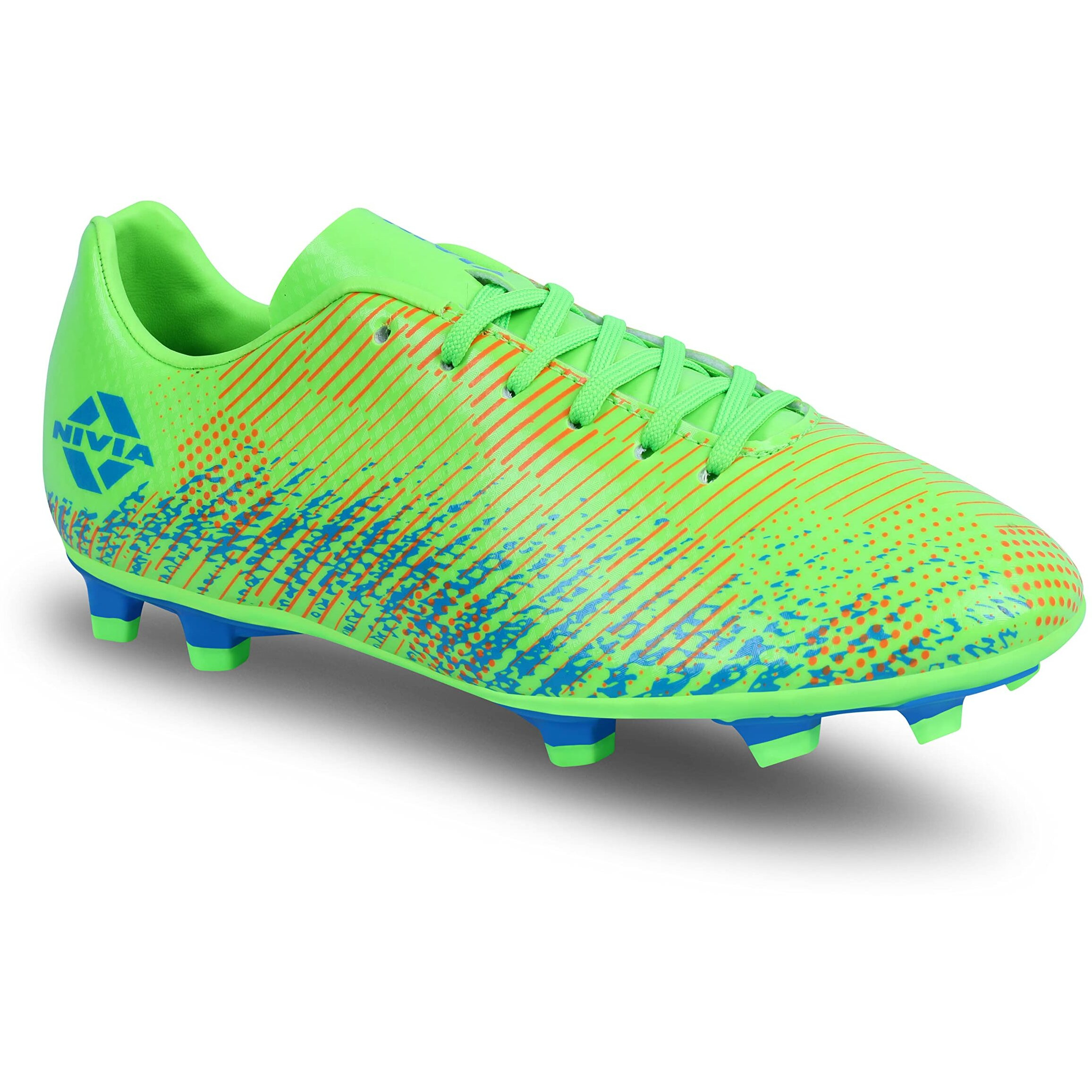 Nivia Encounter 9.0 Football Stud For Men/Sports And Athletic Footwear With Synthetic Upper/Comfortable Football Shoes (Neon Green/A. Blue) Uk-10