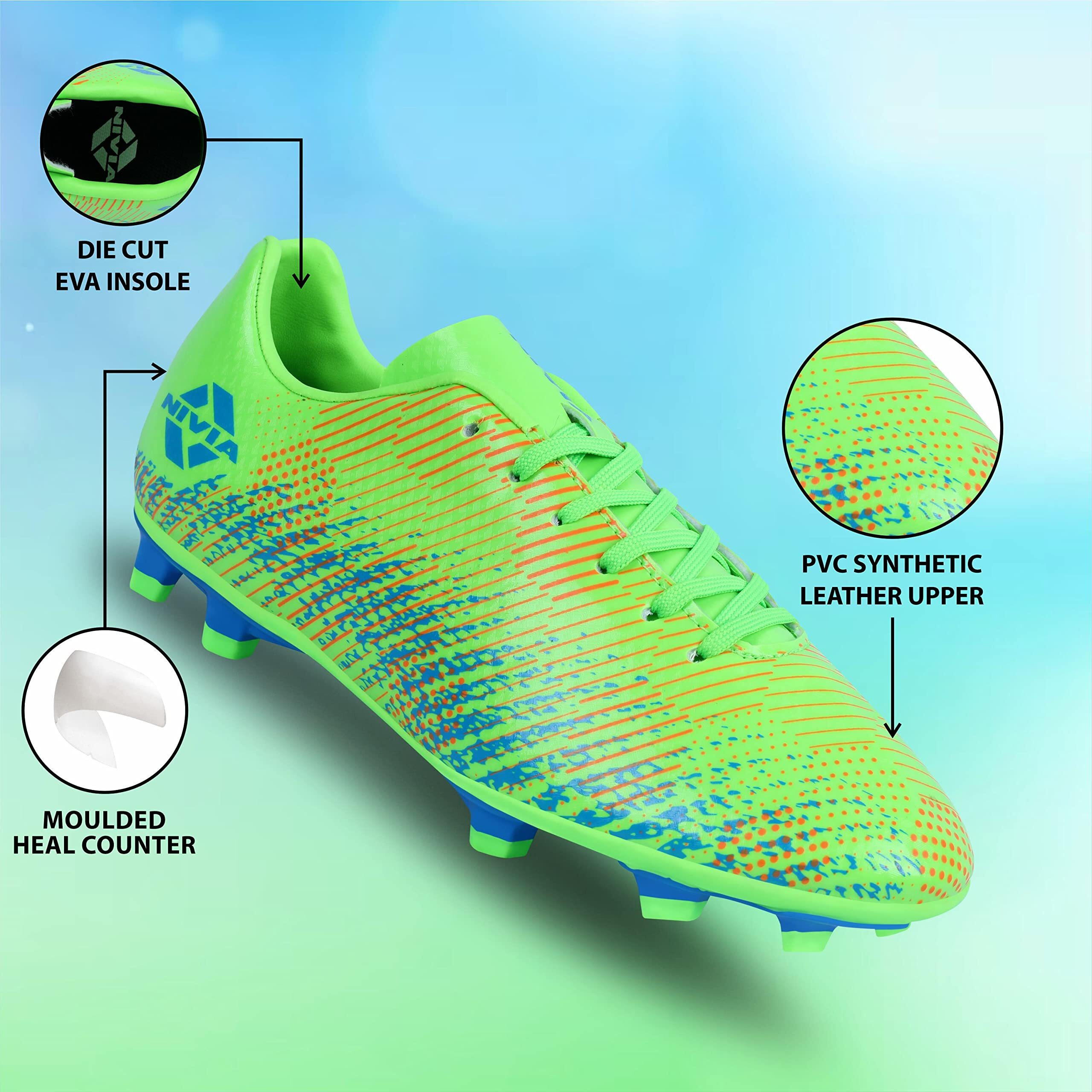 Nivia Encounter 9.0 Football Stud For Men/Sports And Athletic Footwear With Synthetic Upper/Comfortable Football Shoes (Neon Green/A. Blue) Uk-10