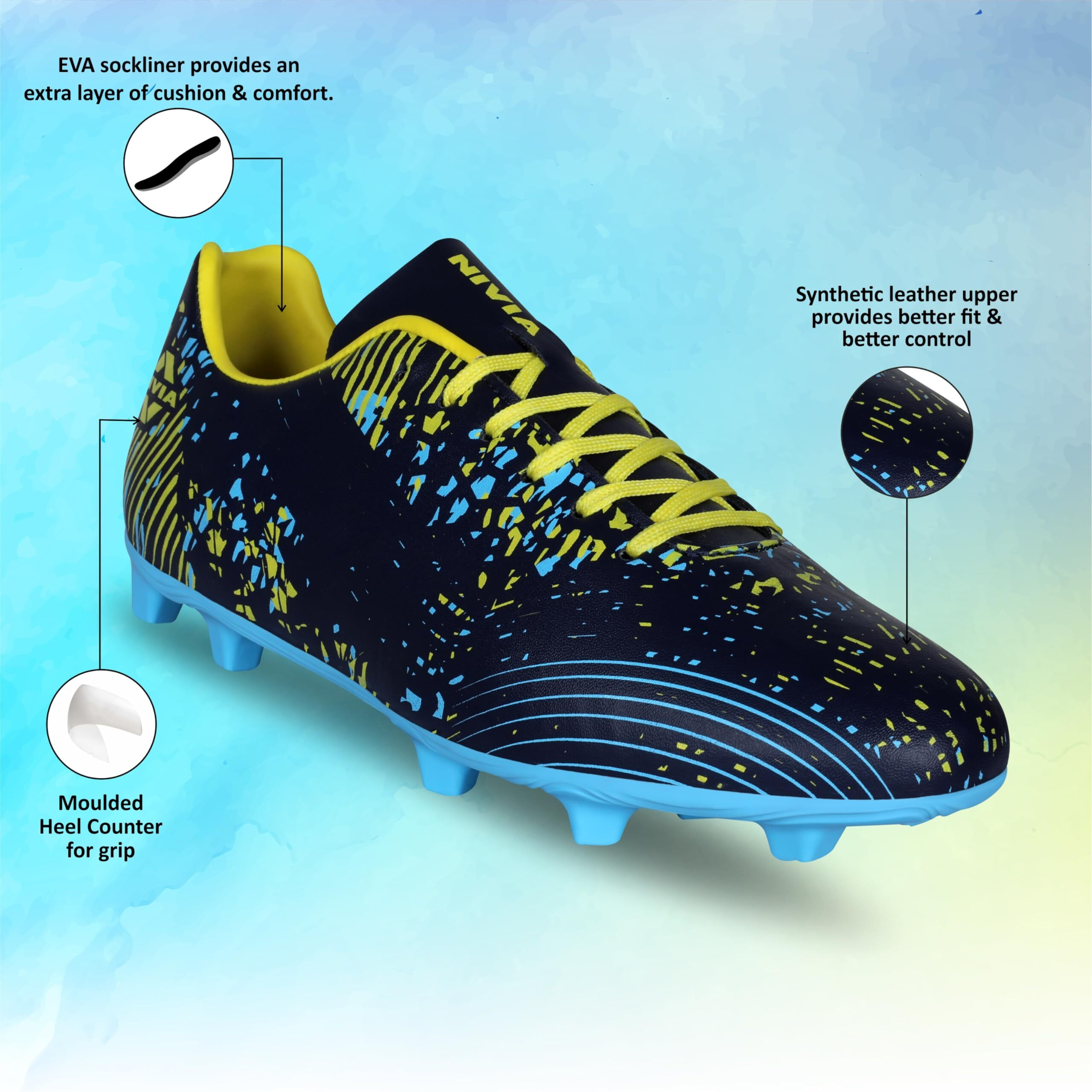 Nivia Goal Power Football Stud Shoe For Men/Sports And Soccer Shoe/Comfortable And Lightweight/Size-09 (Navy Blue/Sky Blue)