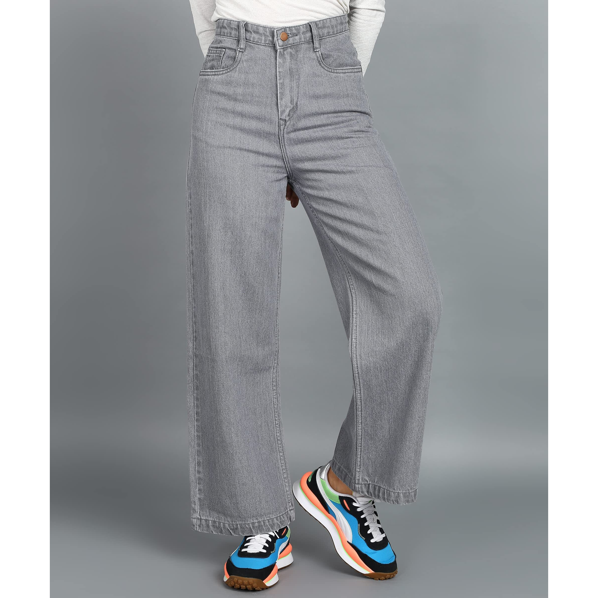 Urbano Fashion Women's Light Grey Regular Fit Wide Leg Washed Jeans (Womjennvwl-06-Lgrey-30)