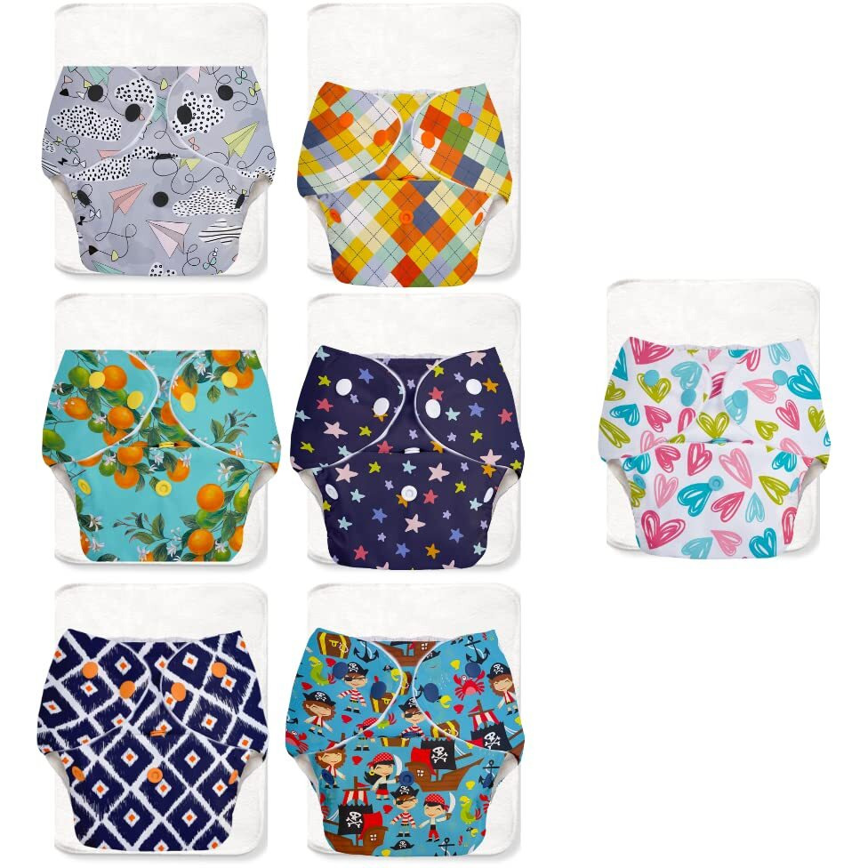 Superbottoms Basic Cloth Diaper | Side Leakage Proof Reusable Cloth Diaper With Quick Dry Ultrathin Pads|Freesize, Rash Free,For Kids 0-3 Yrs|Stay Dry & Lasts Up To 3Hrs - (Assorted) (Basic Pack Of 7)