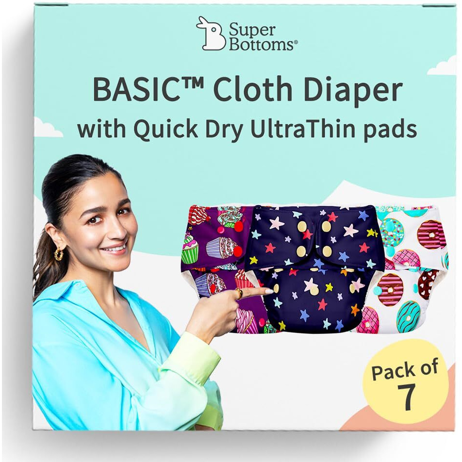 Superbottoms Basic Cloth Diaper | Side Leakage Proof Reusable Cloth Diaper With Quick Dry Ultrathin Pads|Freesize, Rash Free,For Kids 0-3 Yrs|Stay Dry & Lasts Up To 3Hrs - (Assorted) (Basic Pack Of 7)