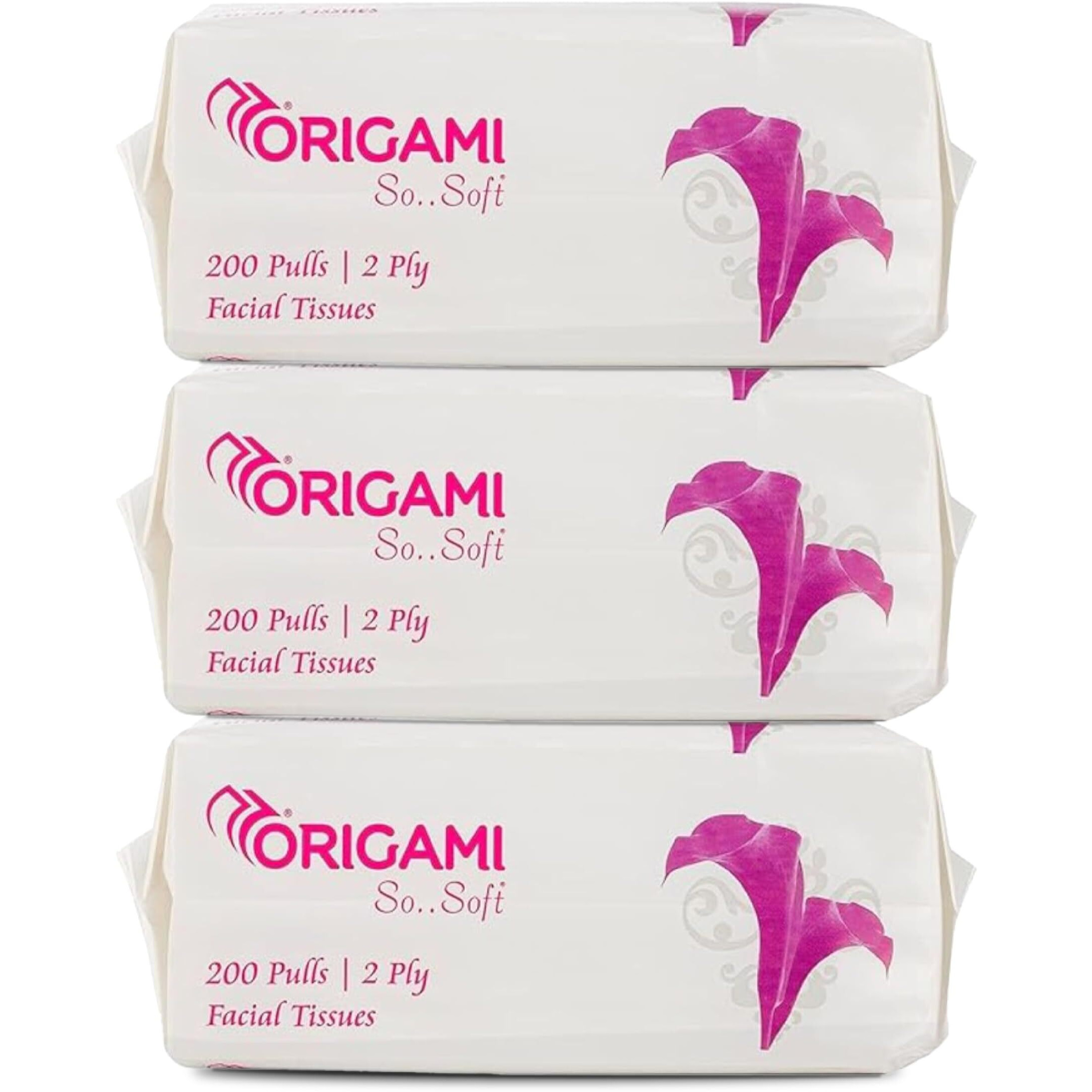Origami 2 Ply Facial Tissue Soft Pack | Car Tissue Pouch - Pack Of 3 (200 Pulls Per Box, 600 Sheets)