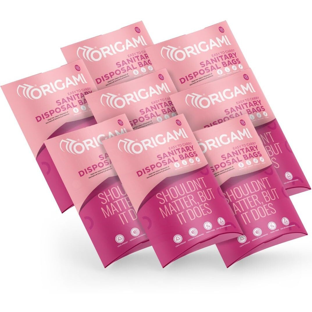 Origami Leakproof Sanitary Disposal Bags Pack Of 8 (15 Bags Per Pack, Total 120 Bags) For Sanitary Pads, Baby Diapers, Panty Liner, Tampons, Condoms