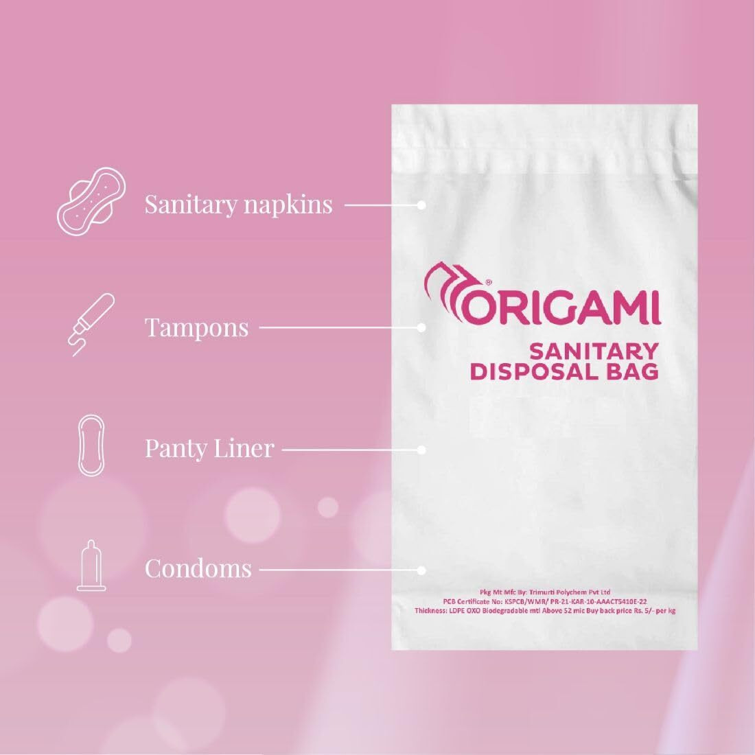 Origami Leakproof Sanitary Disposal Bags Pack Of 8 (15 Bags Per Pack, Total 120 Bags) For Sanitary Pads, Baby Diapers, Panty Liner, Tampons, Condoms
