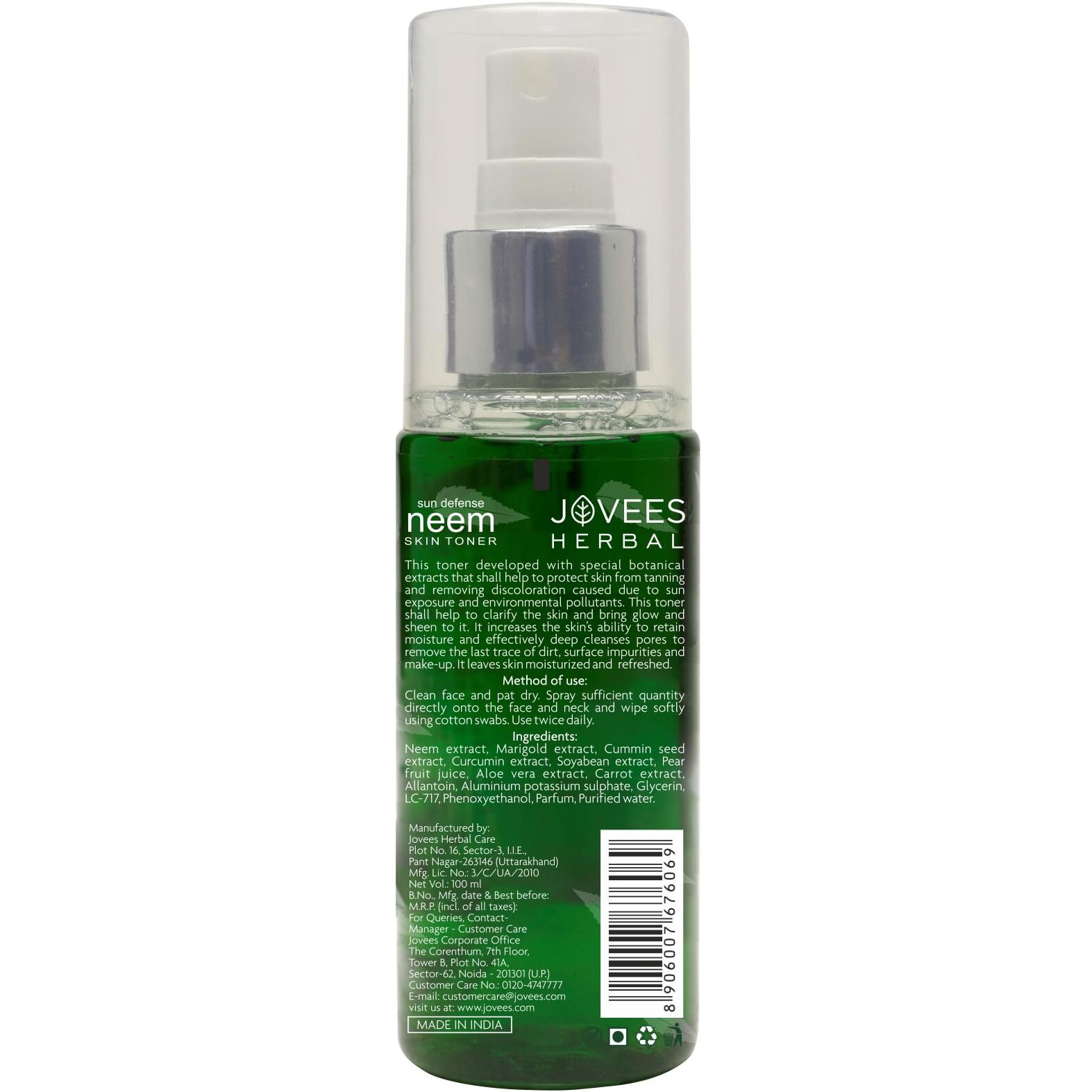 Jovees Herbal Neem Skin Toner | Sun Protection, Tightens Pores, Glowing Skin | Paraben And Alcohol Free | For All Skin Types | 100Ml New