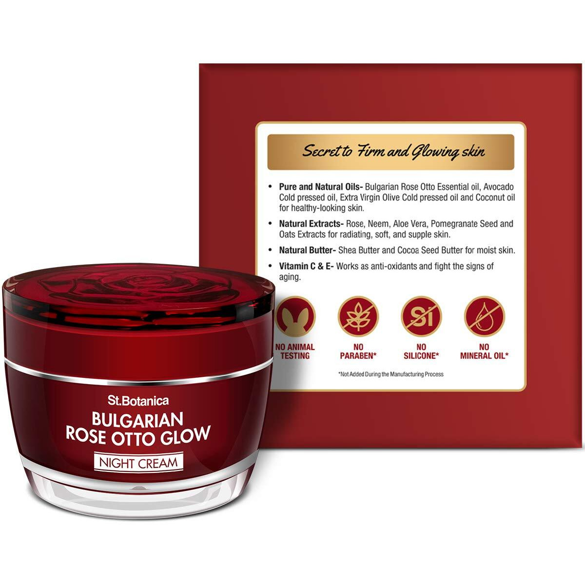 St.Botanica Bulgarian Rose Otto Glow Night Cream, 50G | Infused With Bulgarian Rose That Soothes Skin & Help Reduce Fine Lines | No Parabens & Sulphates | Cruelty Free & Vegan