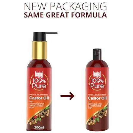 Bajaj 100% Pure Castor Oil 200Ml, Pure Hair Oil, Natural Cold-Pressed Castor Oil, No Silicones, Paraben Free, Lead Free