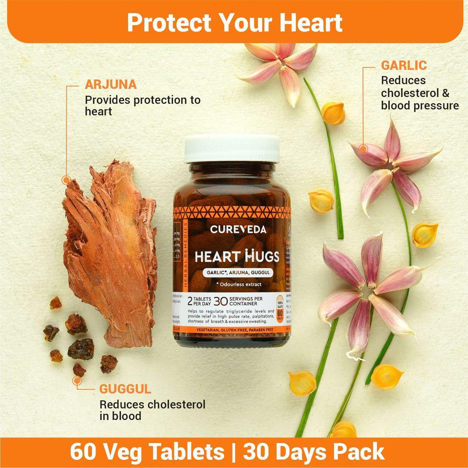 Cureveda Herbal Heart Hugs - For Healthy Heart Cardiac Wellness Cholesterol Control - 60 Tablets