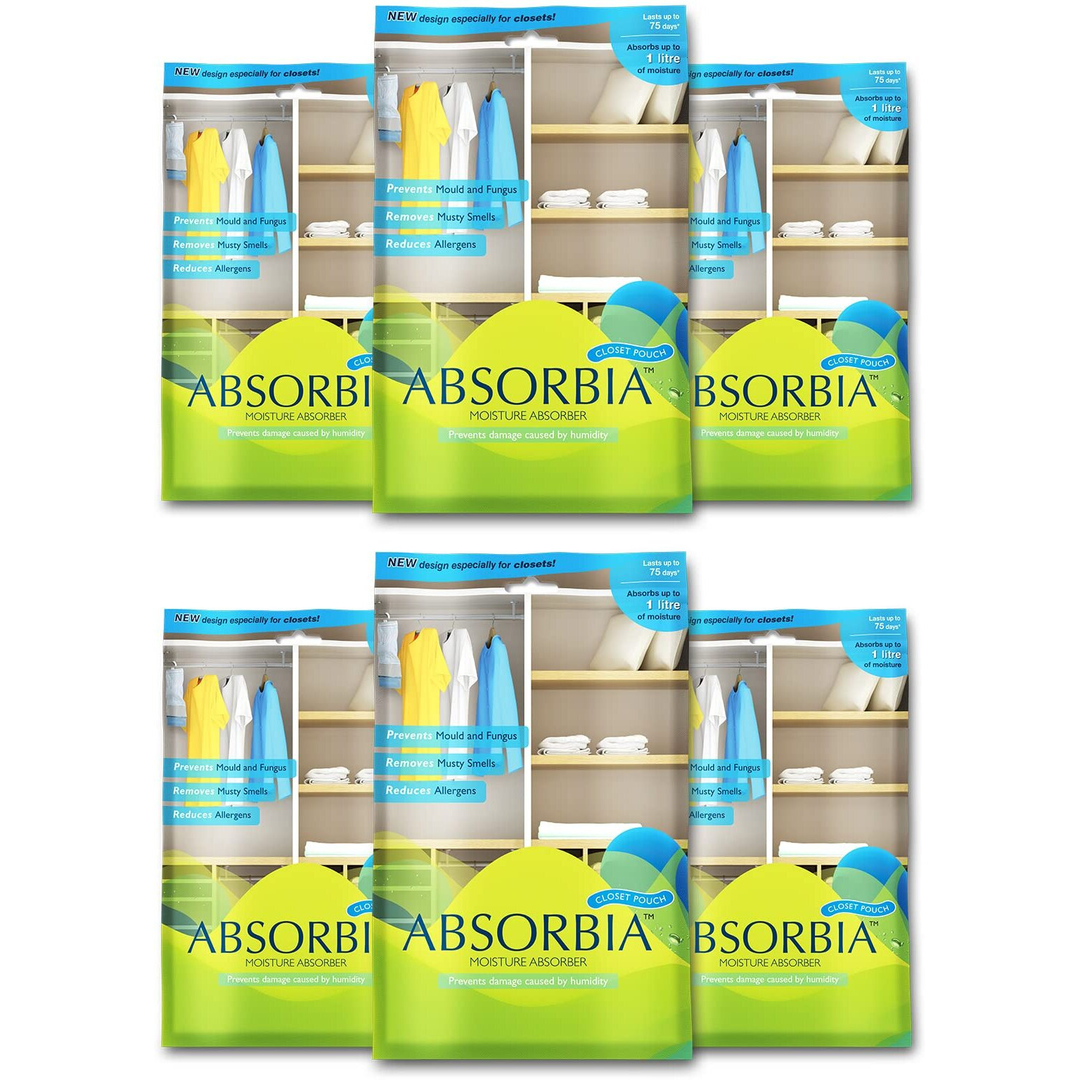 Absorbia Moisture Absorber Hanging Pouch | Pack Of 6 | 880Ml & Lasts 75 Days Each| Moisture Absorber For Wardrobe | Dehumidifier For Room Moisture | Air Freshener For Room, Toilet | Moisture Absorbers
