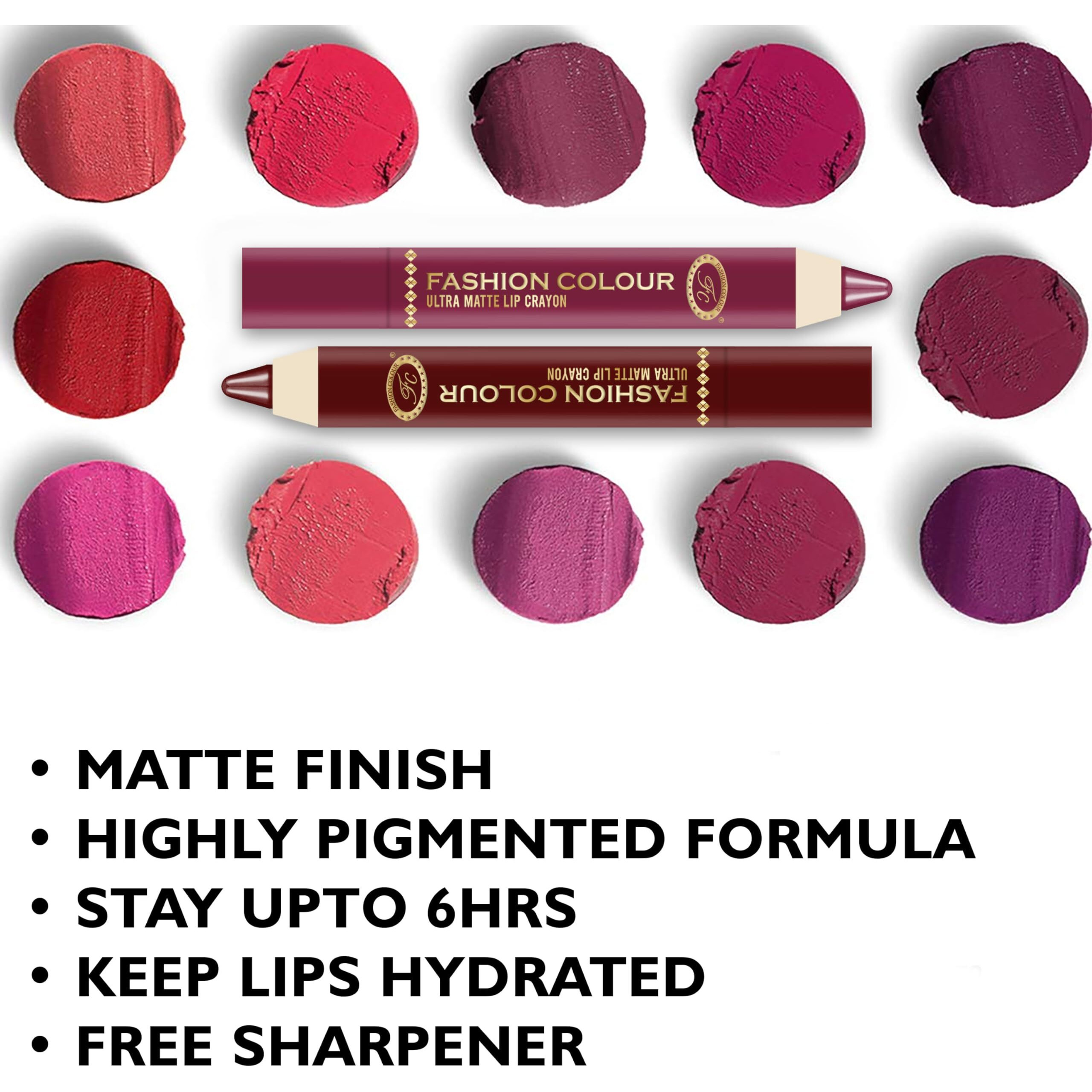 Fashion Colour Ultra Matte Lip Crayons With Free Sharpener | Smudge Proof And Waterproof | For Hydration And Moisturization | Long Lasting Lipwear With Matte Finish, Cruelty-Free And Paraben-Free - 2.5 Gm(Pink Passion)