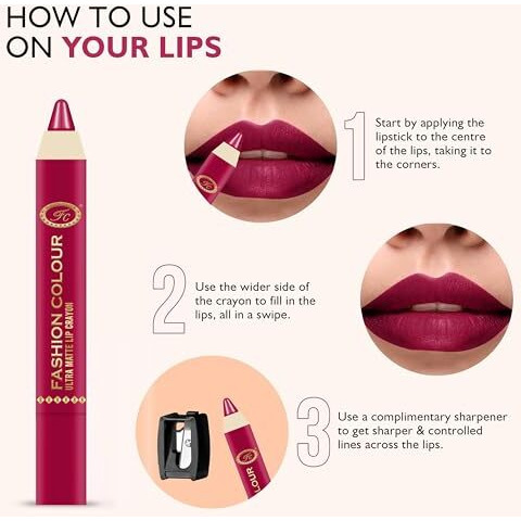 Fashion Colour Ultra Matte Lip Crayons With Free Sharpener | Smudge Proof And Waterproof | For Hydration And Moisturization | Long Lasting Lipwear With Matte Finish, Cruelty-Free And Paraben-Free - 2.5 Gm(Cherry Kiss)