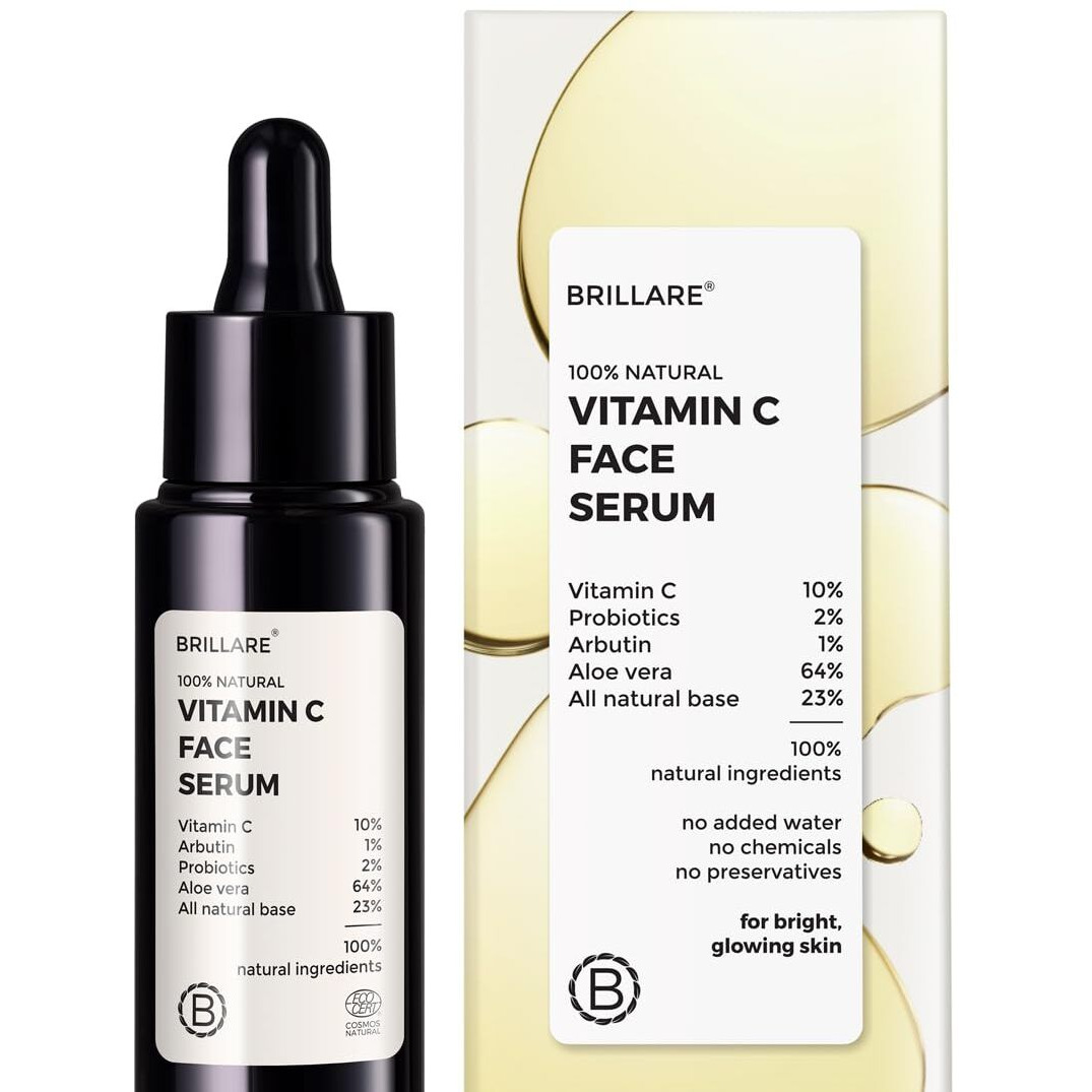 Brillare 10% Vitamin C Serum, Bright & Glowing Skin With Probiotics & Aloe Vera, Reduces Dull Skin Tone & Dark Spots, 100% Natural Face Serum, 30Ml