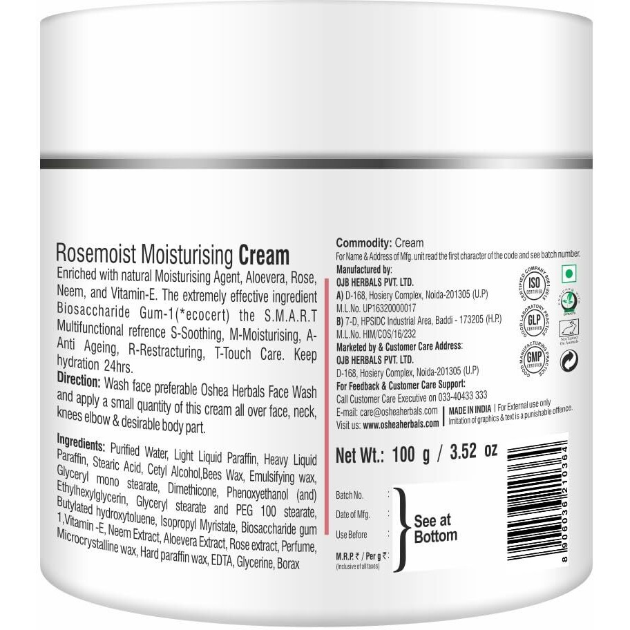 Oshea Herbals Rosemoist Face Moisturising Cream For All Skin Types | Improves Skin Firmness & Radiance With 24 Hrs Moisturising | Enriched With Almond Oil, Rose & Neem Extract | Paraben Free 100G