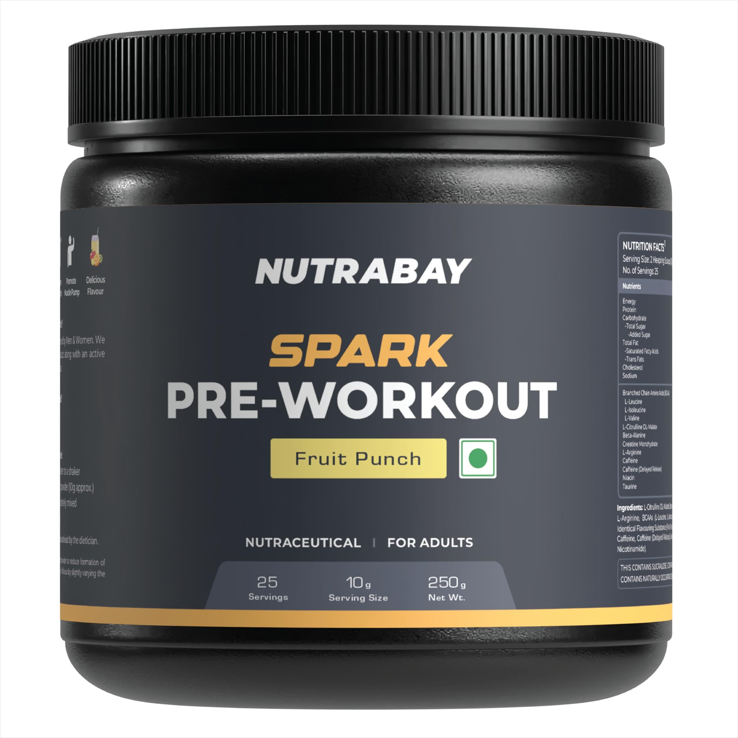 Nutrabay Gold Spark Pre Workout Supplement Powder - 250G, Fruit Punch | 300Mg Caffeine, 1000Mg L-Arginine, 3000Mg Beta Alanine, 2500Mg Citrulline Malate | Muscle Pump & Performance | For Men & Women