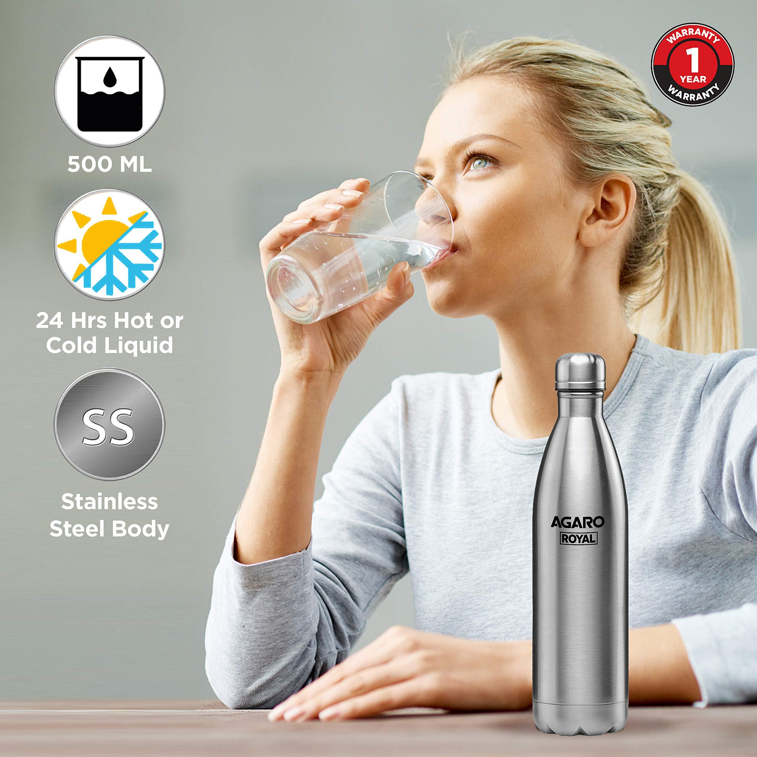 Agaro Royal Stainless Steel Vacuum Flask, 500Ml, Hot & Cold Up To 24 Hours, Double Walled Vacuum Insulated, Copper Coating Insulated, Leak Proof,Grey.