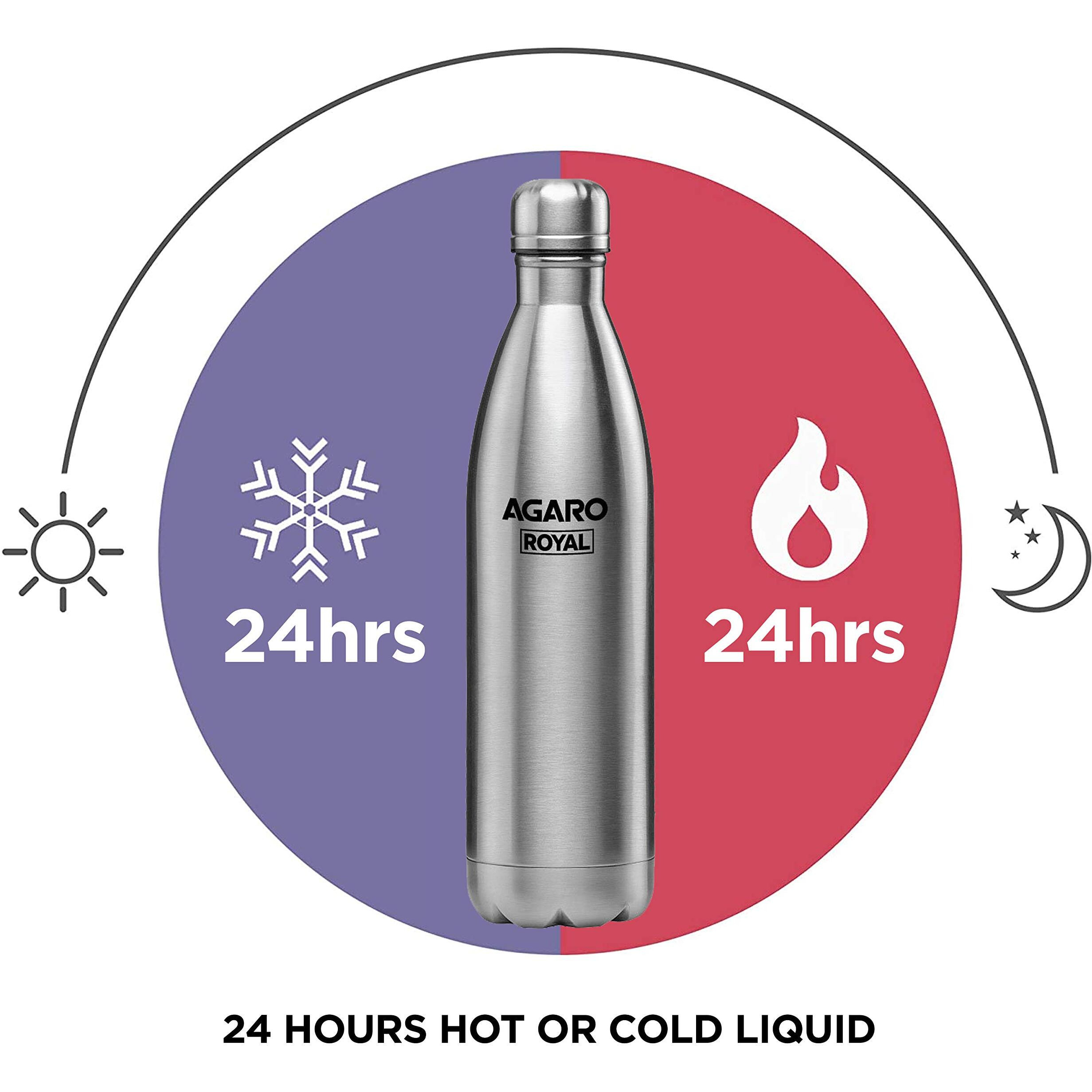 Agaro Royal Stainless Steel Vacuum Flask, 500Ml, Hot & Cold Up To 24 Hours, Double Walled Vacuum Insulated, Copper Coating Insulated, Leak Proof,Grey.