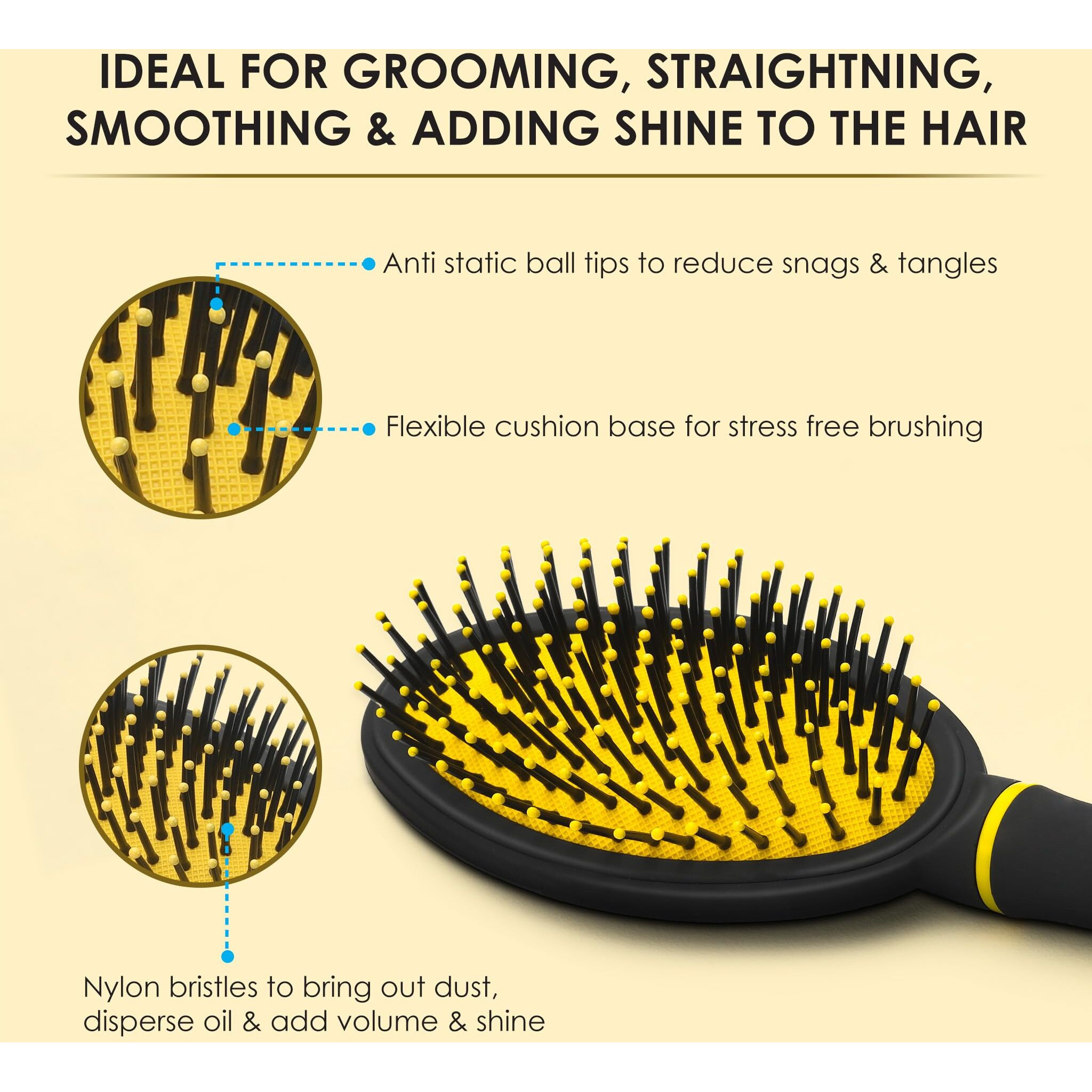 Agaro Breeze Cushion Hair Brush With Strong & Flexible Nylon Bristles, Having Anti-Static Ball Tips, For Grooming, Straightening, Detangling Hair, Ideal For Men And Women, Black & Yellow