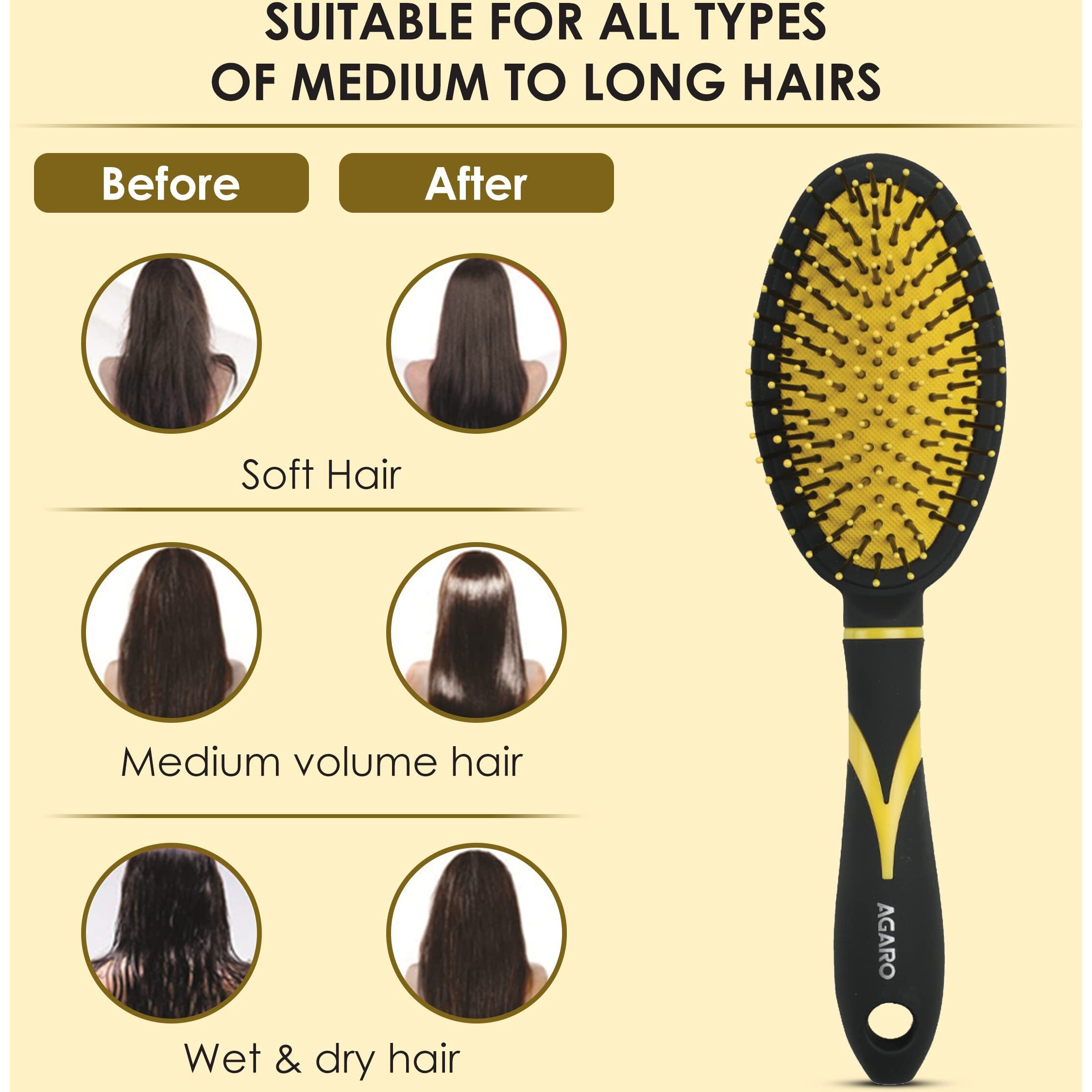 Agaro Breeze Cushion Hair Brush With Strong & Flexible Nylon Bristles, Having Anti-Static Ball Tips, For Grooming, Straightening, Detangling Hair, Ideal For Men And Women, Black & Yellow