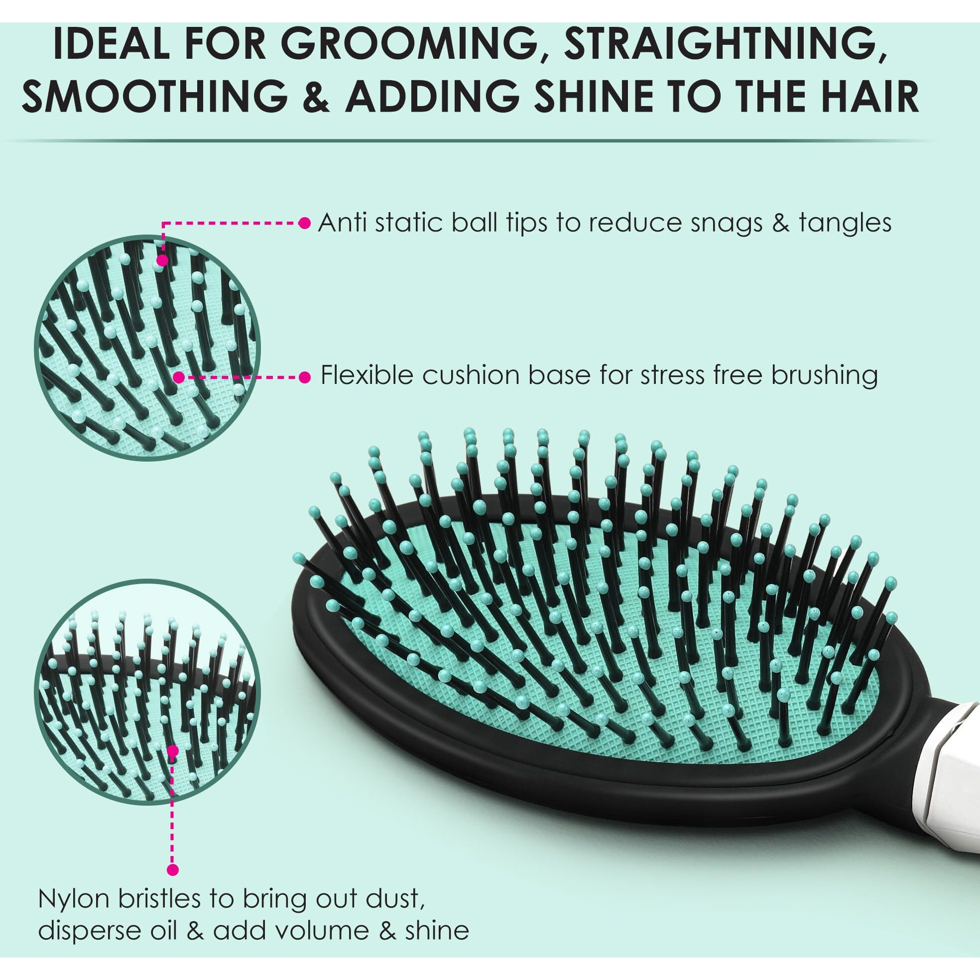 Agaro Classic Cushion Hair Brush With Strong & Flexible Nylon Bristles, Having Anti-Static Ball Tips, For Grooming, Straightening, Detangling Hair, Ideal For Men & Women, Cyan