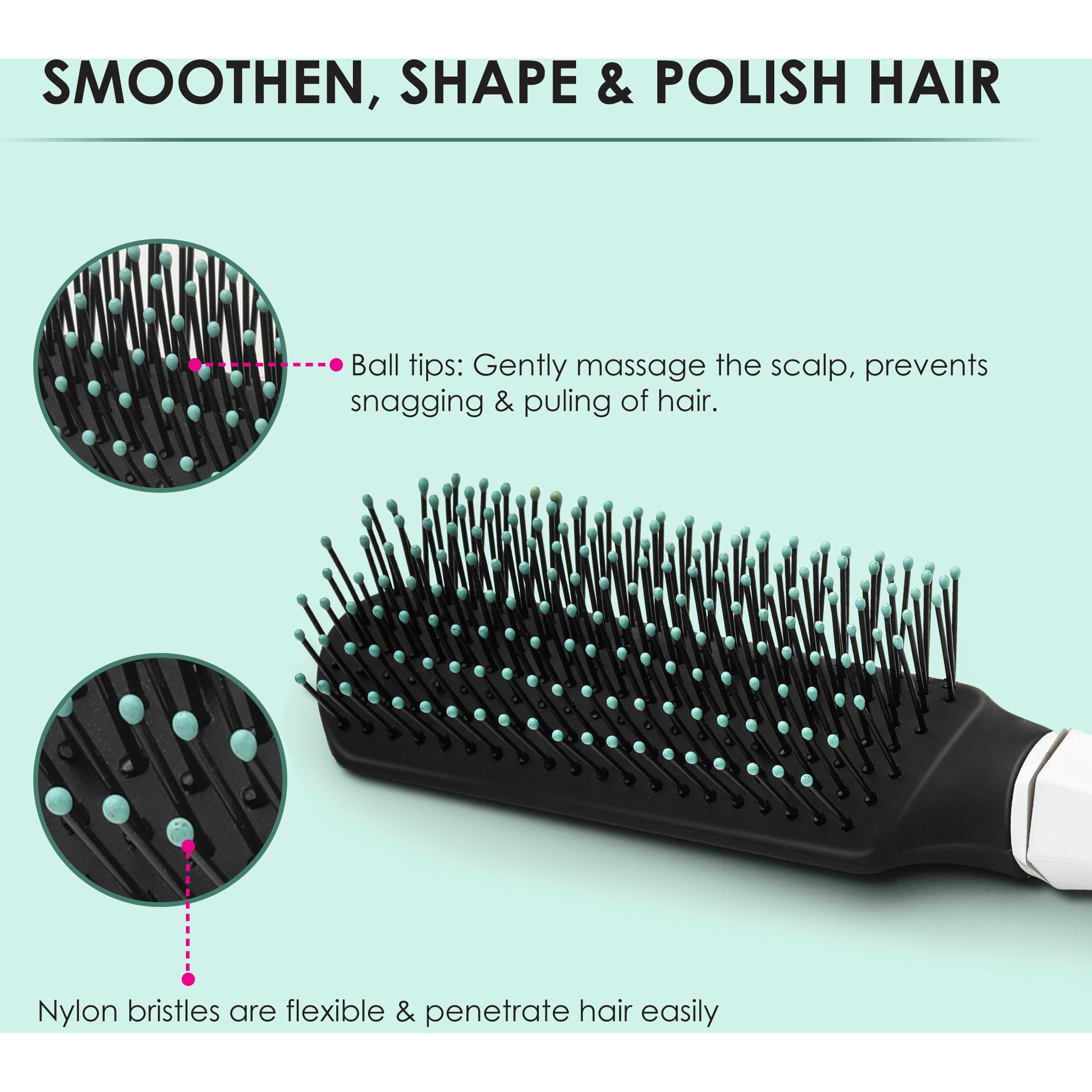 Agaro Classic Flat Hair Brush With Strong & Flexible Nylon Bristles, Having Anti-Static Ball Tips, For Grooming, Volumising & Back Brushing, Ideal For Men & Women, Cyan