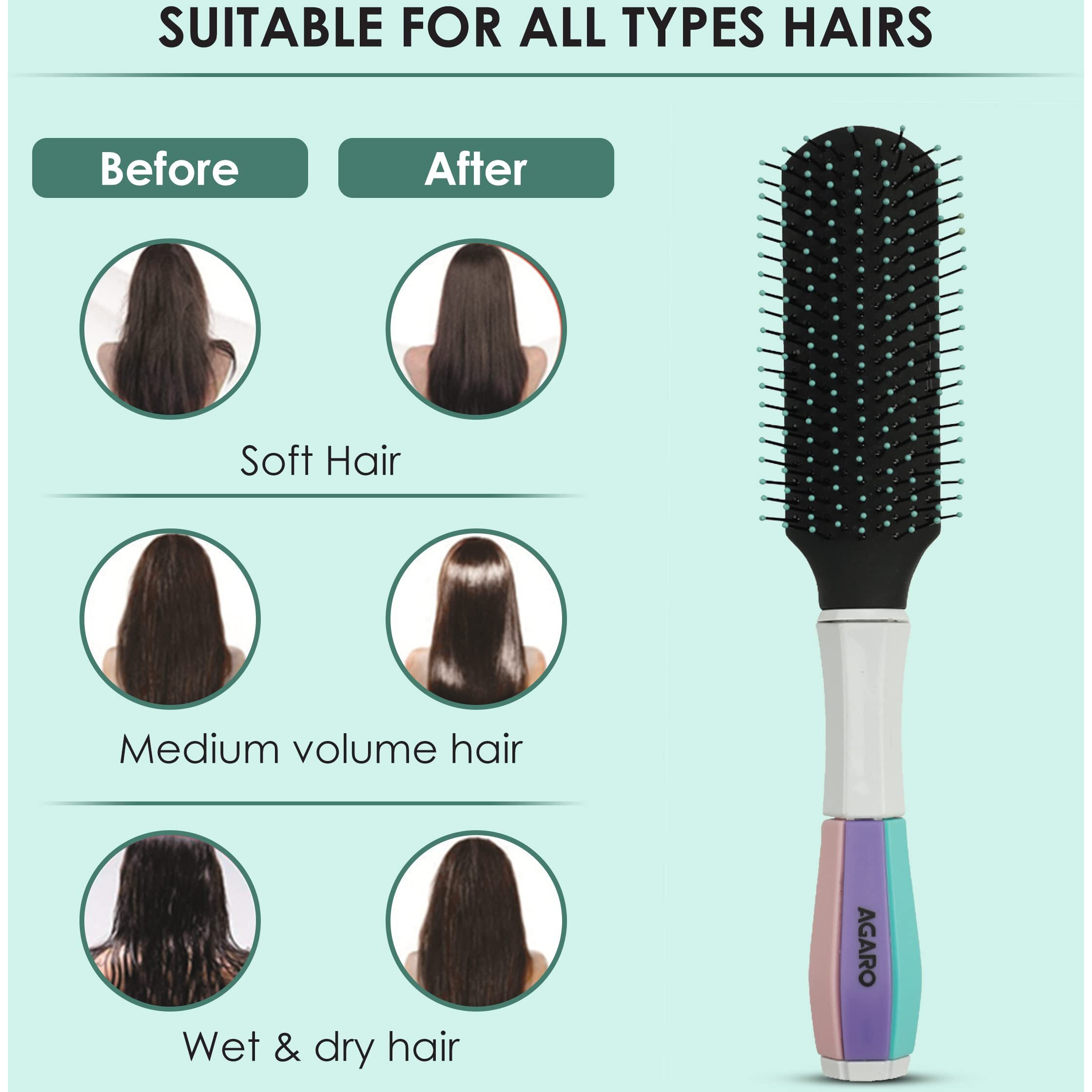 Agaro Classic Flat Hair Brush With Strong & Flexible Nylon Bristles, Having Anti-Static Ball Tips, For Grooming, Volumising & Back Brushing, Ideal For Men & Women, Cyan