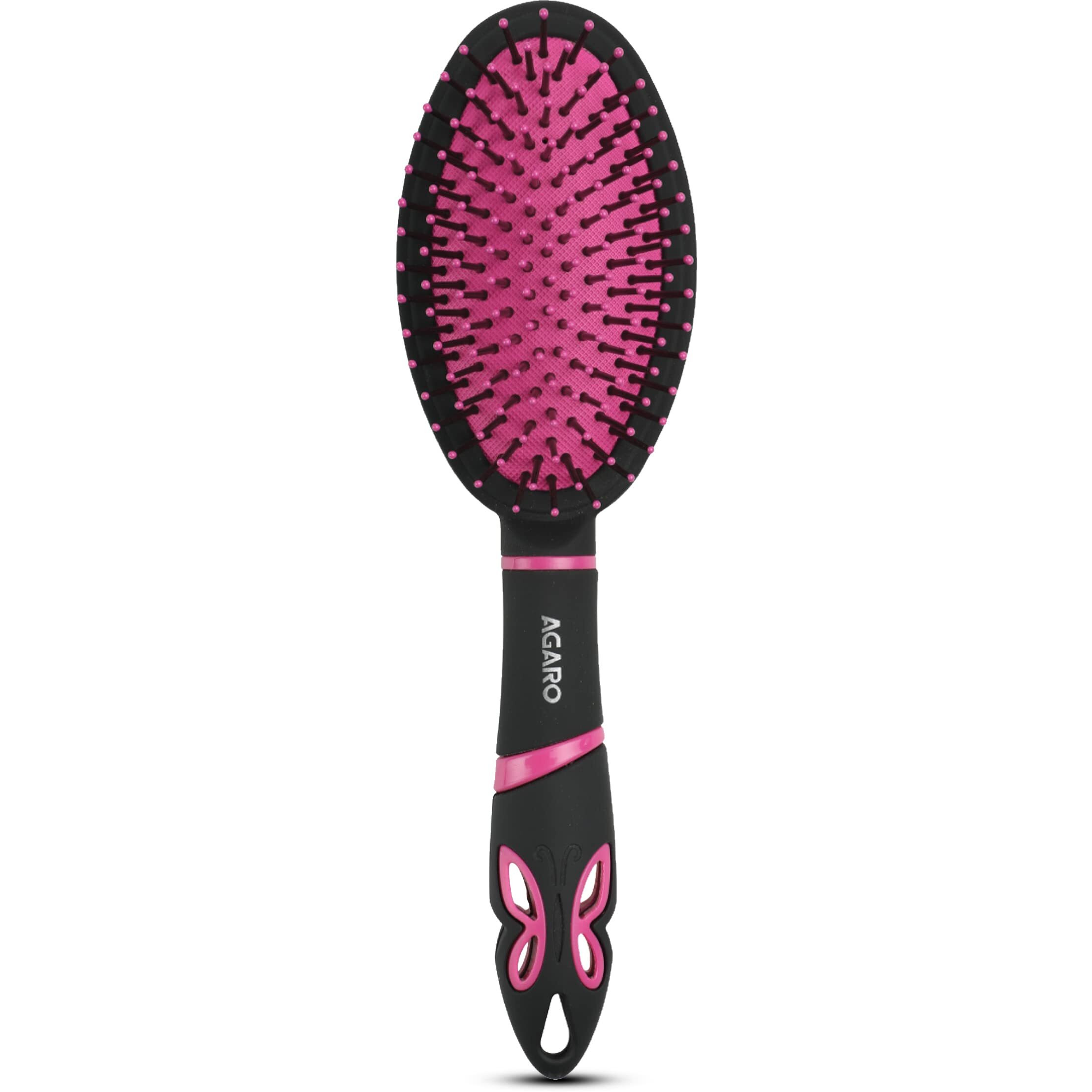 Agaro Delight Cushion Hair Brush With Strong & Flexible Nylon Bristles, Having Anti-Static Ball Tips, For Grooming, Straightening, Detangling Hair, Ideal For Men & Women, Pink & Black