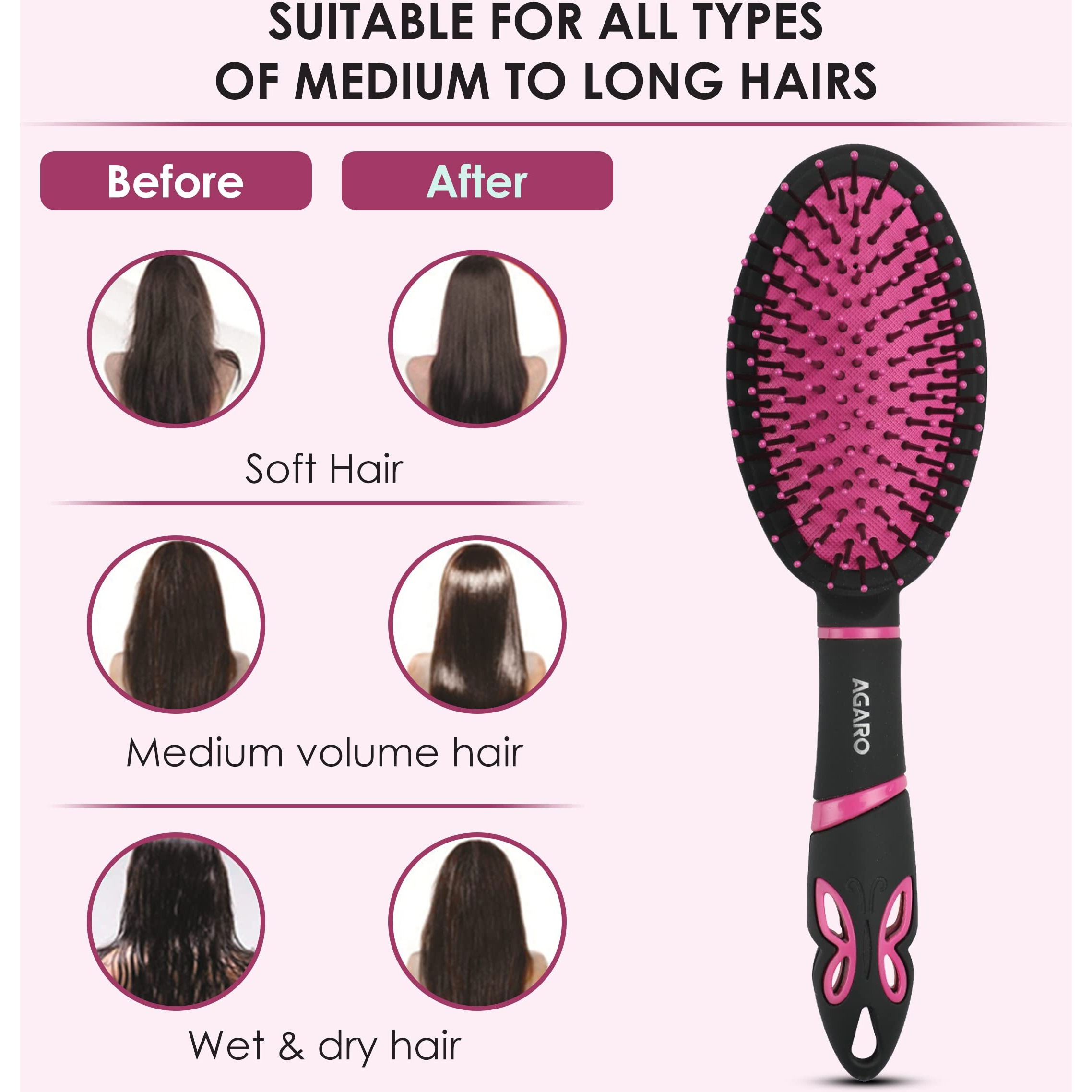 Agaro Delight Cushion Hair Brush With Strong & Flexible Nylon Bristles, Having Anti-Static Ball Tips, For Grooming, Straightening, Detangling Hair, Ideal For Men & Women, Pink & Black