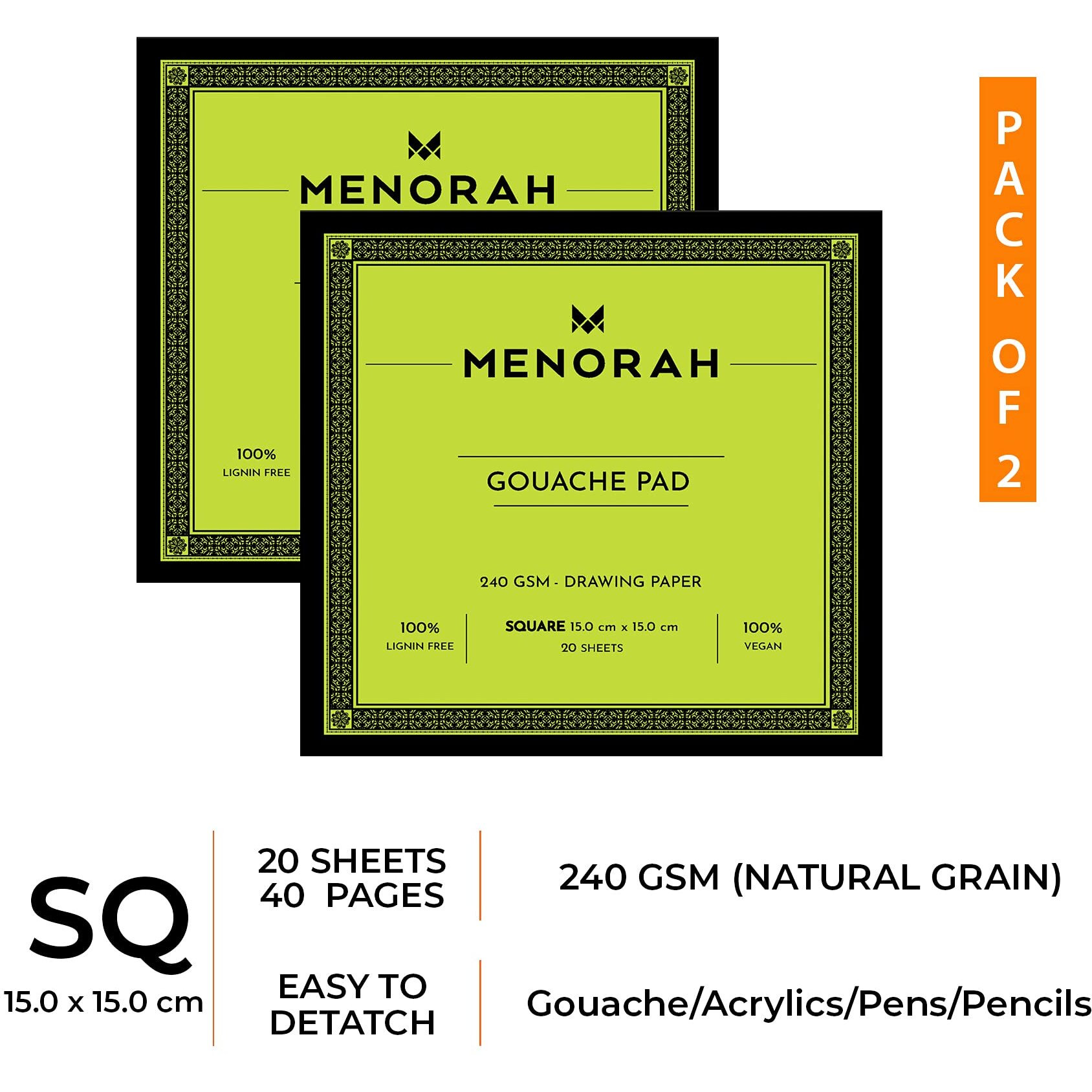 Menorah  Square Gouache Sketch Book Loose Sheets240 GsmGouache Sketchpad Glued End  (15.0Cm X15.0Cm)- 20 Sheets / 40 Pages- Acid Free Sketchbook & Drawing Notebook For Acrylics Gouache Oil Pastels Pencils Fine Liners Crayons Etc  Pack Of 2