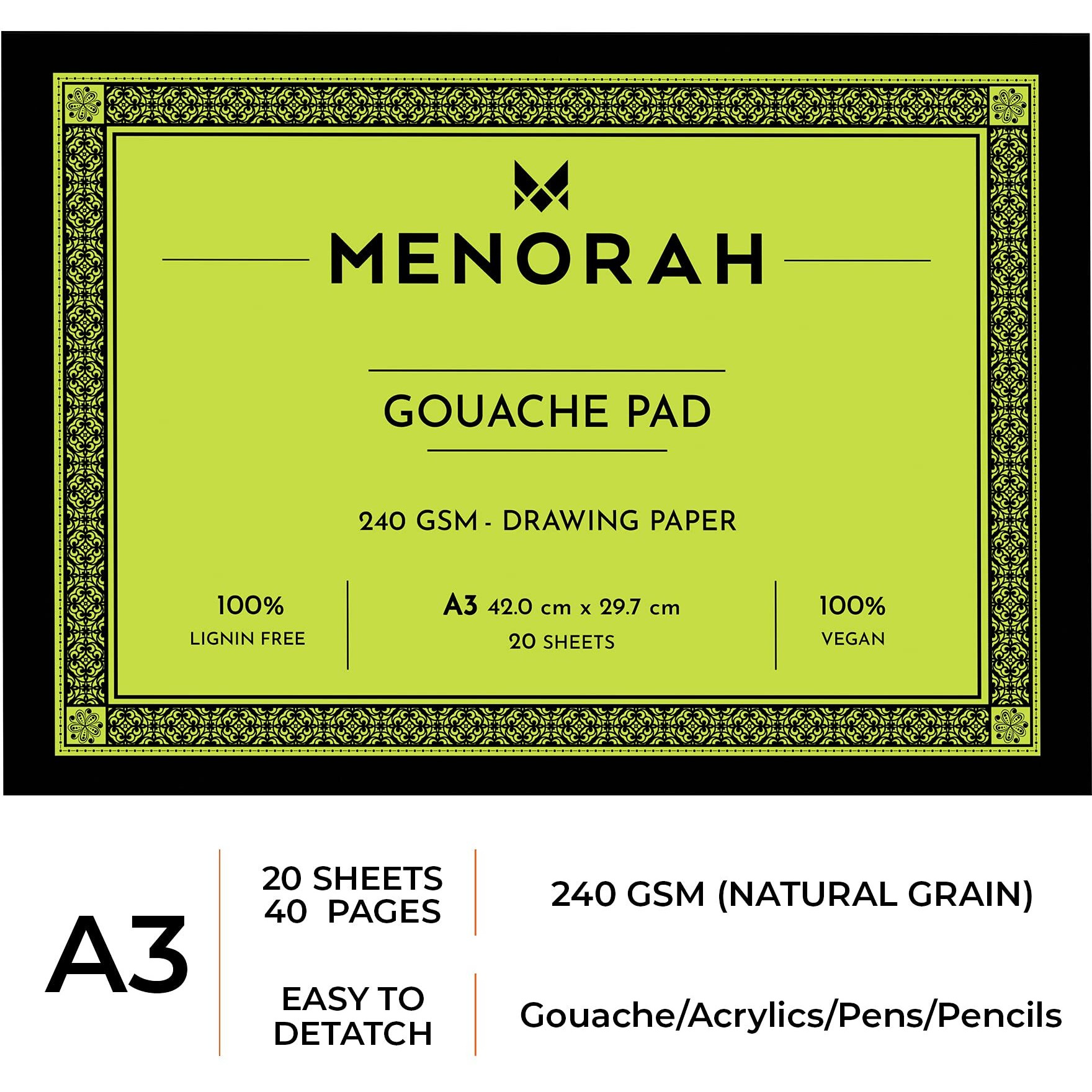 Menorah  A3 Gouache Sketch Book Loose Sheets240 GsmGouache Sketchpad Glued End  (29.7Cm X42.0Cm)- 20 Sheets / 40 Pages- Acid Free Sketchbook & Drawing Notebook For Acrylics Gouache Oil Pastels Pencils Fine Liners Crayons Etc