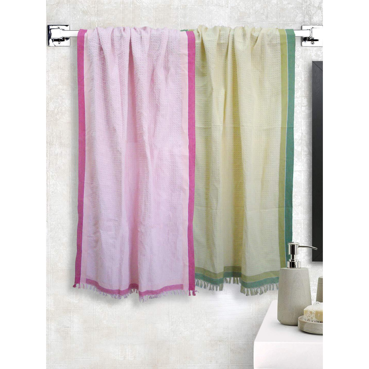 Athom Living Light Weight Cotton Premium Waffle Border Bath Towel 75X150 Cm Pack Of 2