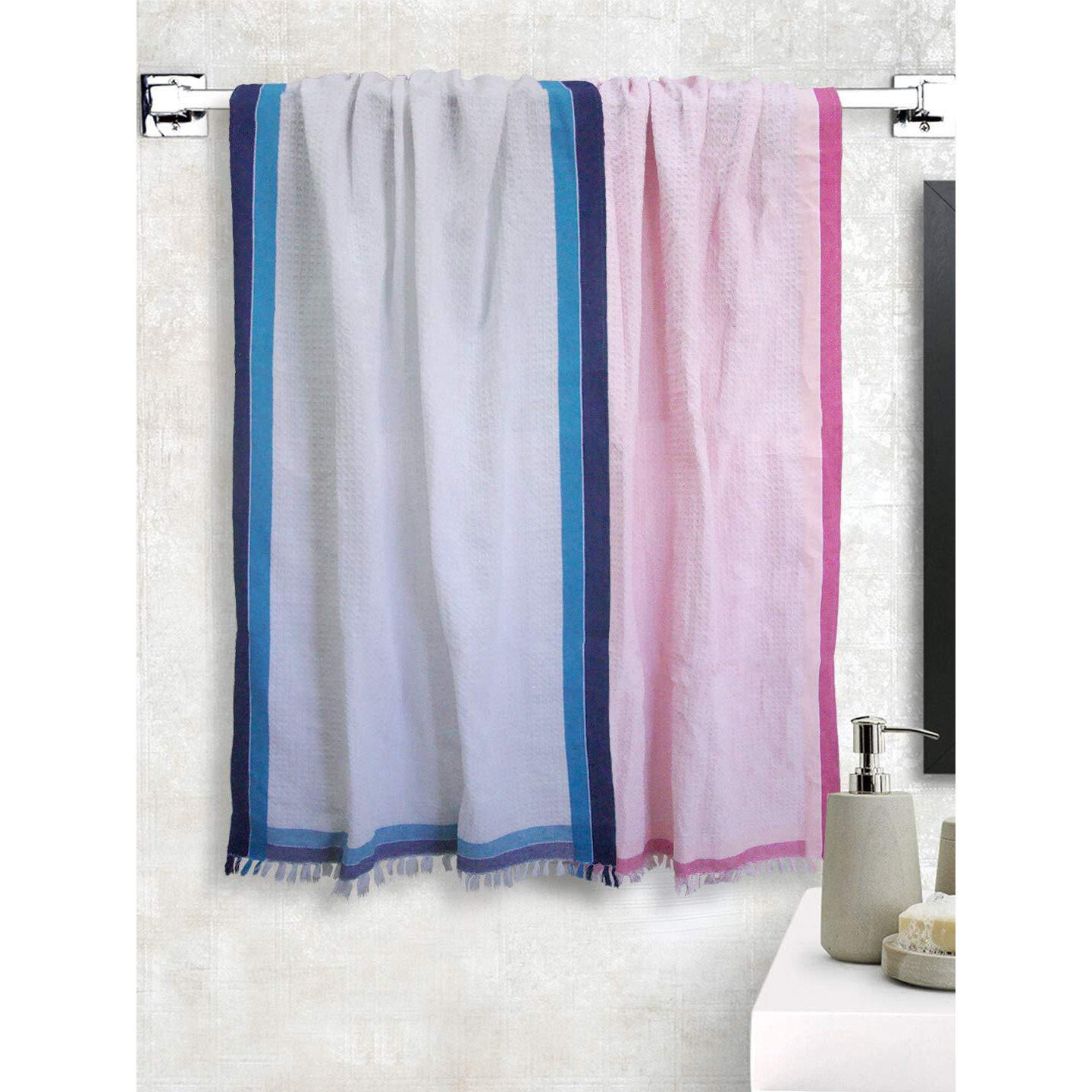 Athom Living Light Weight Cotton Premium Waffle Border Bath Towel 75X150 Cm Pack Of 2