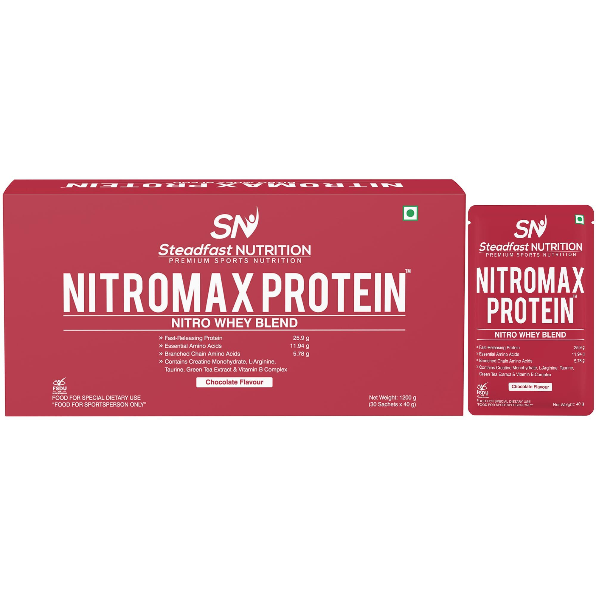 Steadfast Nutrition Nitromax Protein |25.9G Fast Releasing Protein, 11.94G Eaa, 5.78G Bcaa Per Sachet | Increases Muscle Pump, Strength, Lean Muscle (30 Sachets, Chocolate)