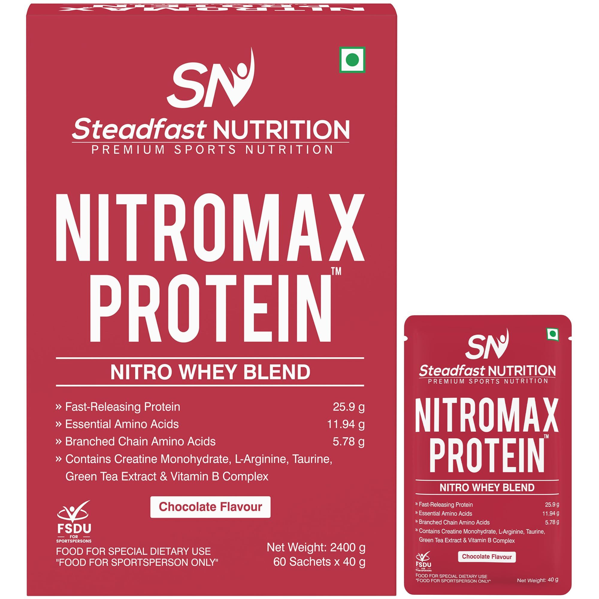 Steadfast Nutrition Nitromax Protein |25.9G Fast Releasing Protein, 11.94G Eaa, 5.78G Bcaa Per Sachet | Increases Muscle Pump, Strength, Lean Muscle (60 Sachets, Chocolate)