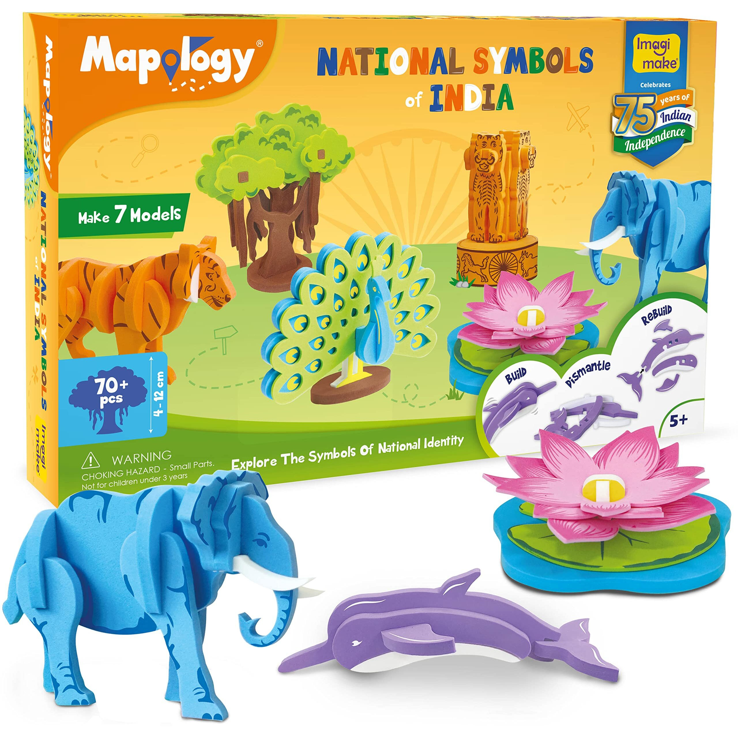 Imagimake Mapology National Symbols Of India - Construction Set - Make 7 Models - Educational Toys For 5 Years+, 70 Pieces,Multicolor