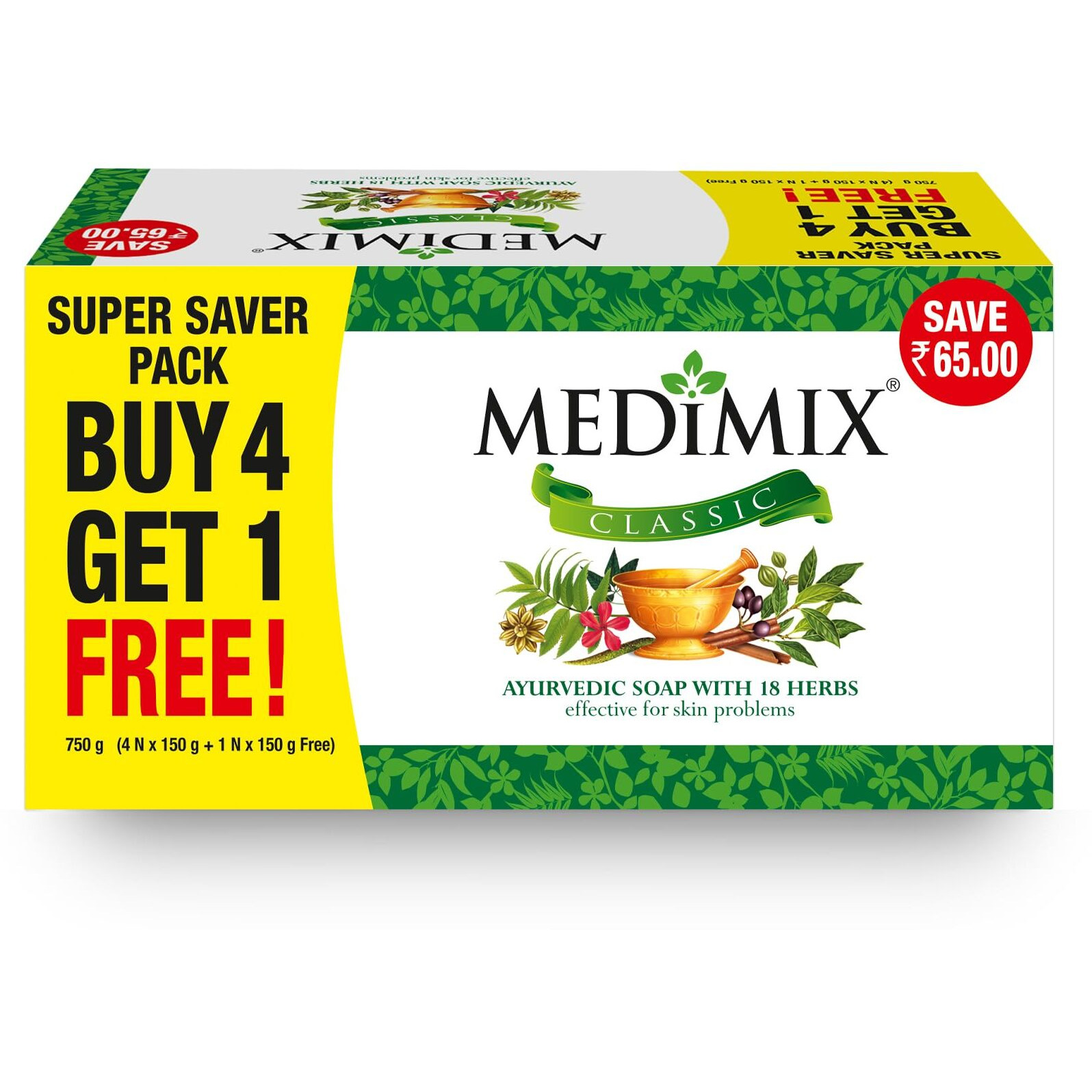Medimix Classic Ayurvedic Traditionally Made Soap | Infused With 18 Herbs | Effective For Skin Problems (Combo Pack Of 5) 150G
