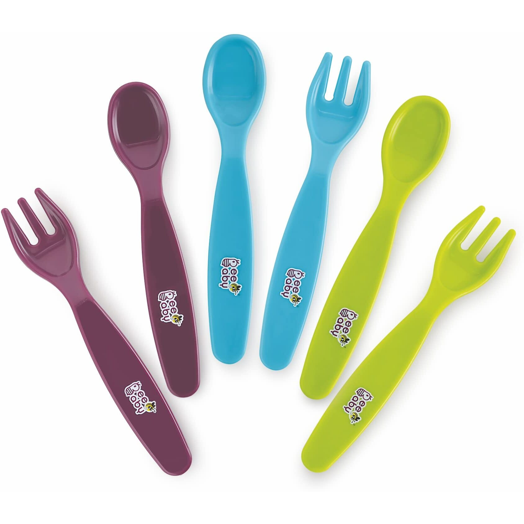 Beebaby Easigrip Self-Feeding Plastic Spoons And Forks Set. Suitable For Training Toddlers. Cutlery For 6 Months + Babies. Pack Of 3. (Blue, Green, And Violet). Made Of Pp Food Grade, 100% Bpa Free.