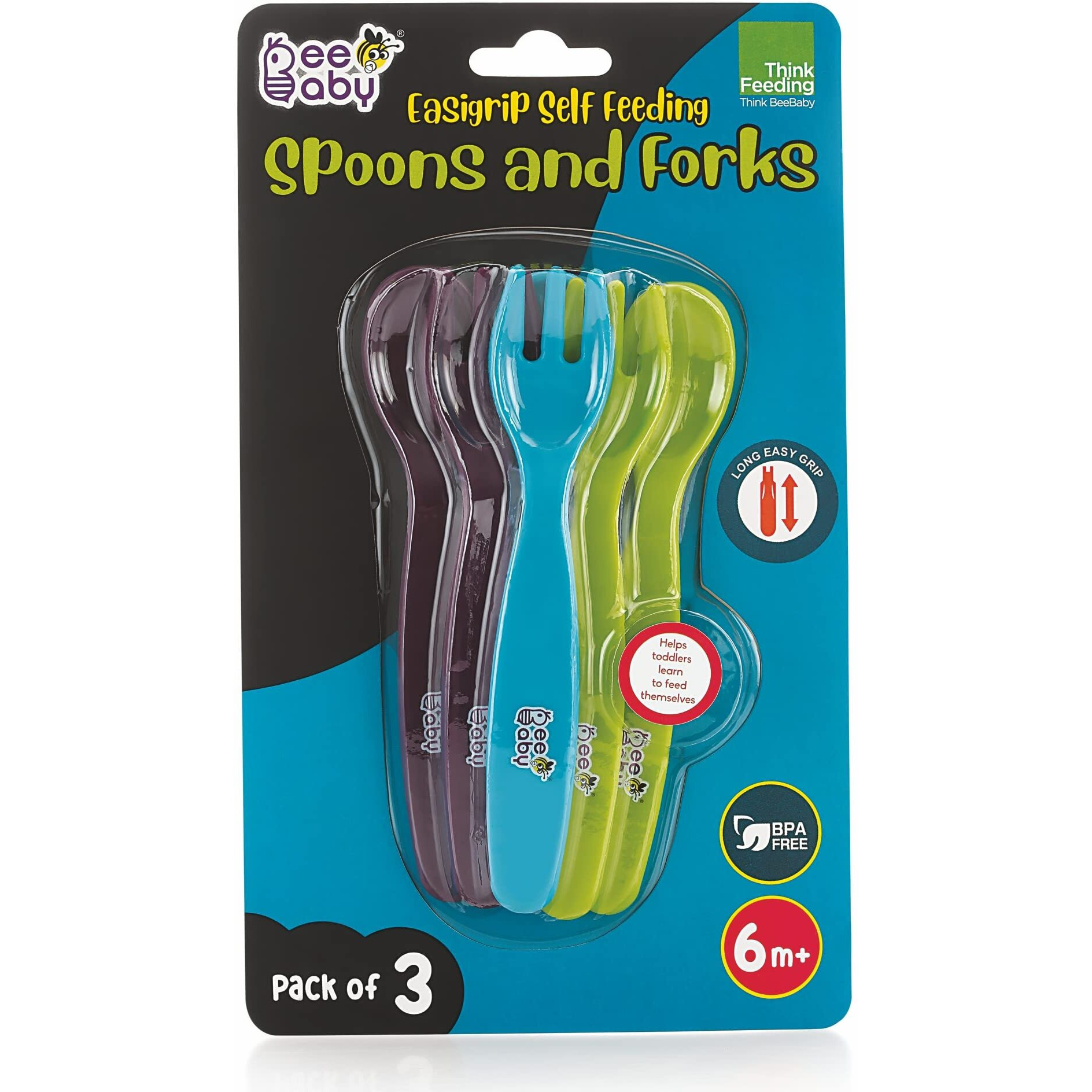 Beebaby Easigrip Self-Feeding Plastic Spoons And Forks Set. Suitable For Training Toddlers. Cutlery For 6 Months + Babies. Pack Of 3. (Blue, Green, And Violet). Made Of Pp Food Grade, 100% Bpa Free.