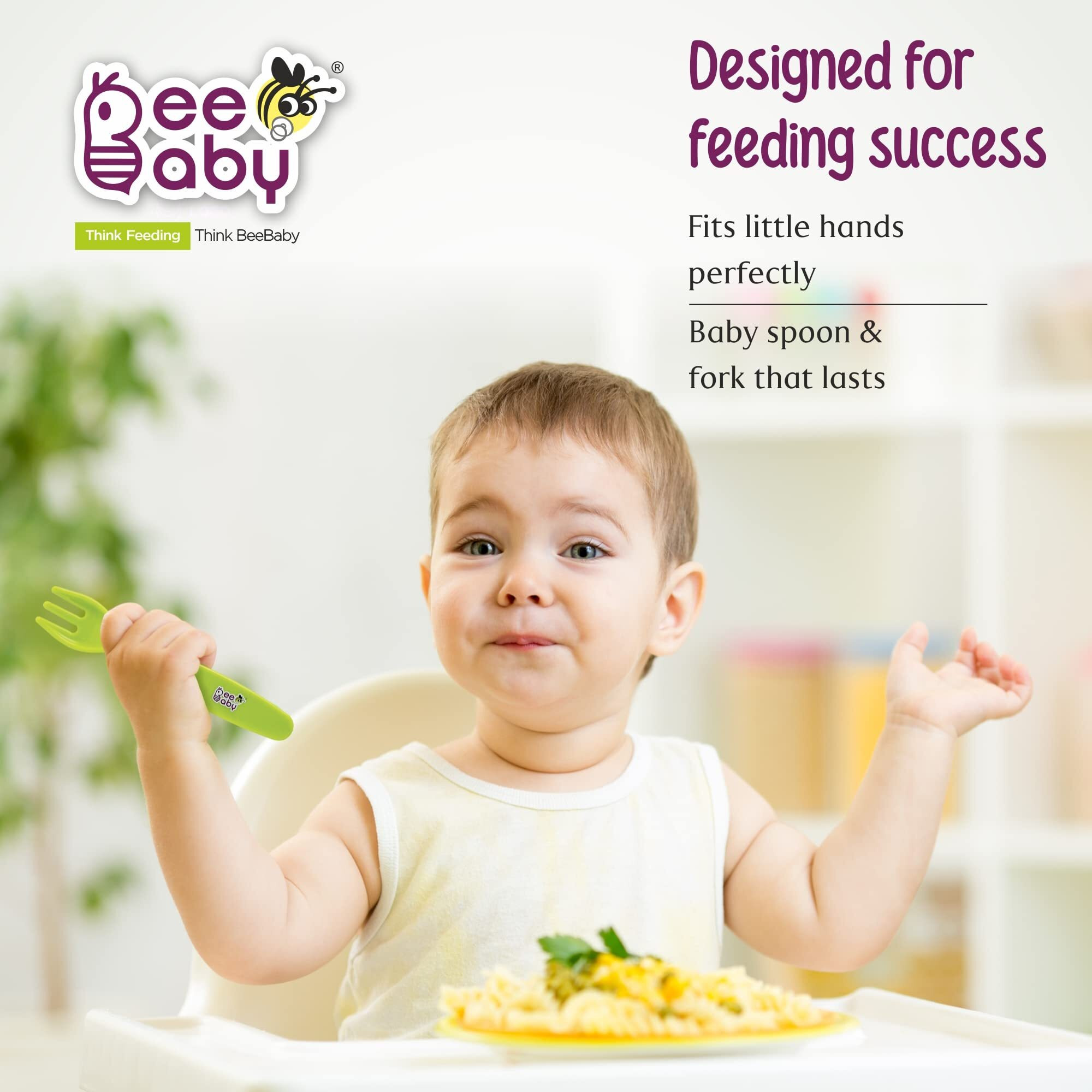 Beebaby Easigrip Self-Feeding Plastic Spoons And Forks Set. Suitable For Training Toddlers. Cutlery For 6 Months + Babies. Pack Of 3. (Blue, Green, And Violet). Made Of Pp Food Grade, 100% Bpa Free.