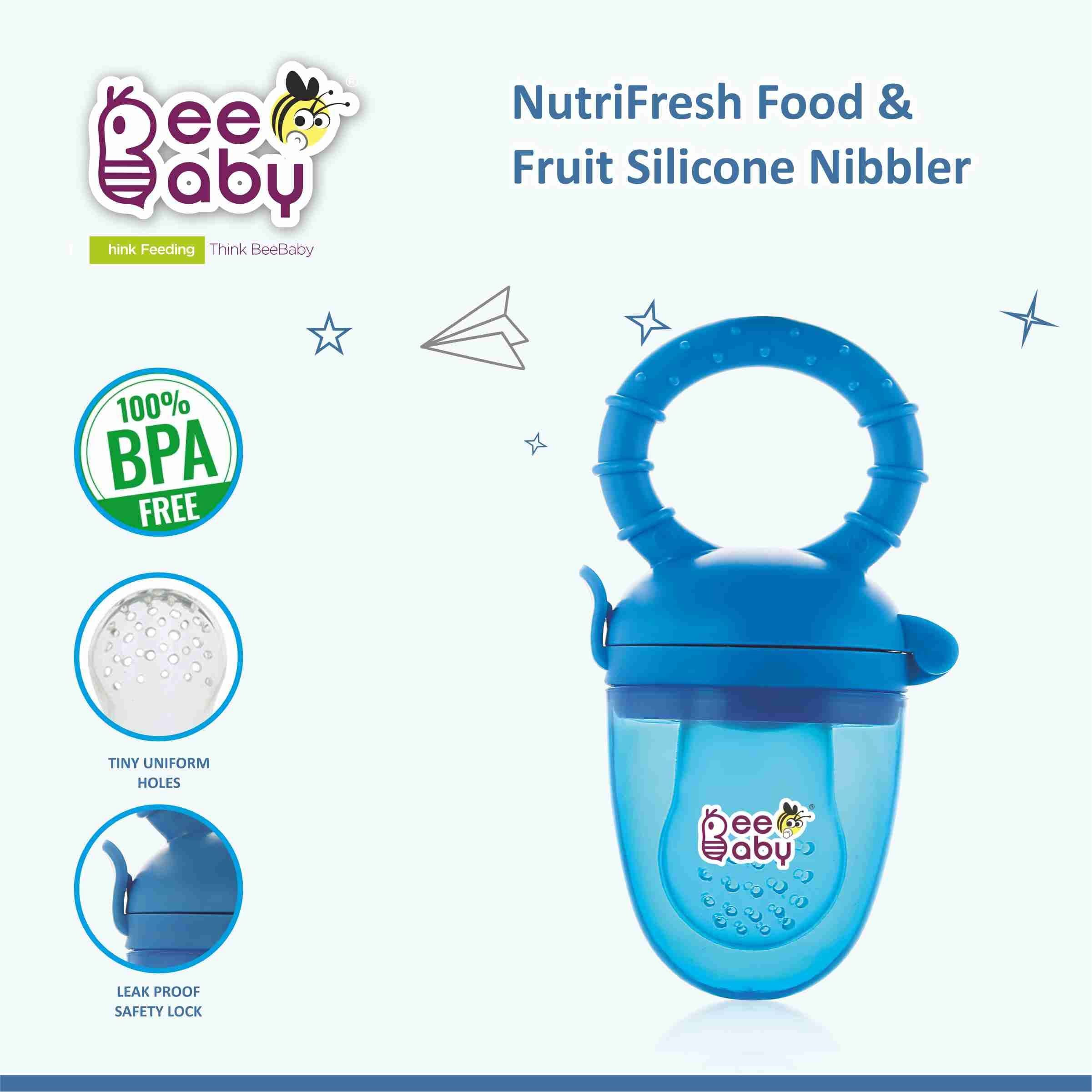 Beebaby Soft Silicone Nibbler With Extra Mesh For Babies, Baby Fruit & Food Feeder, Anti Choking Fruit Pacifier, Teether For Infant, 100% Bpa Free, 3 Months+ (Fruttino - Blue_Green)