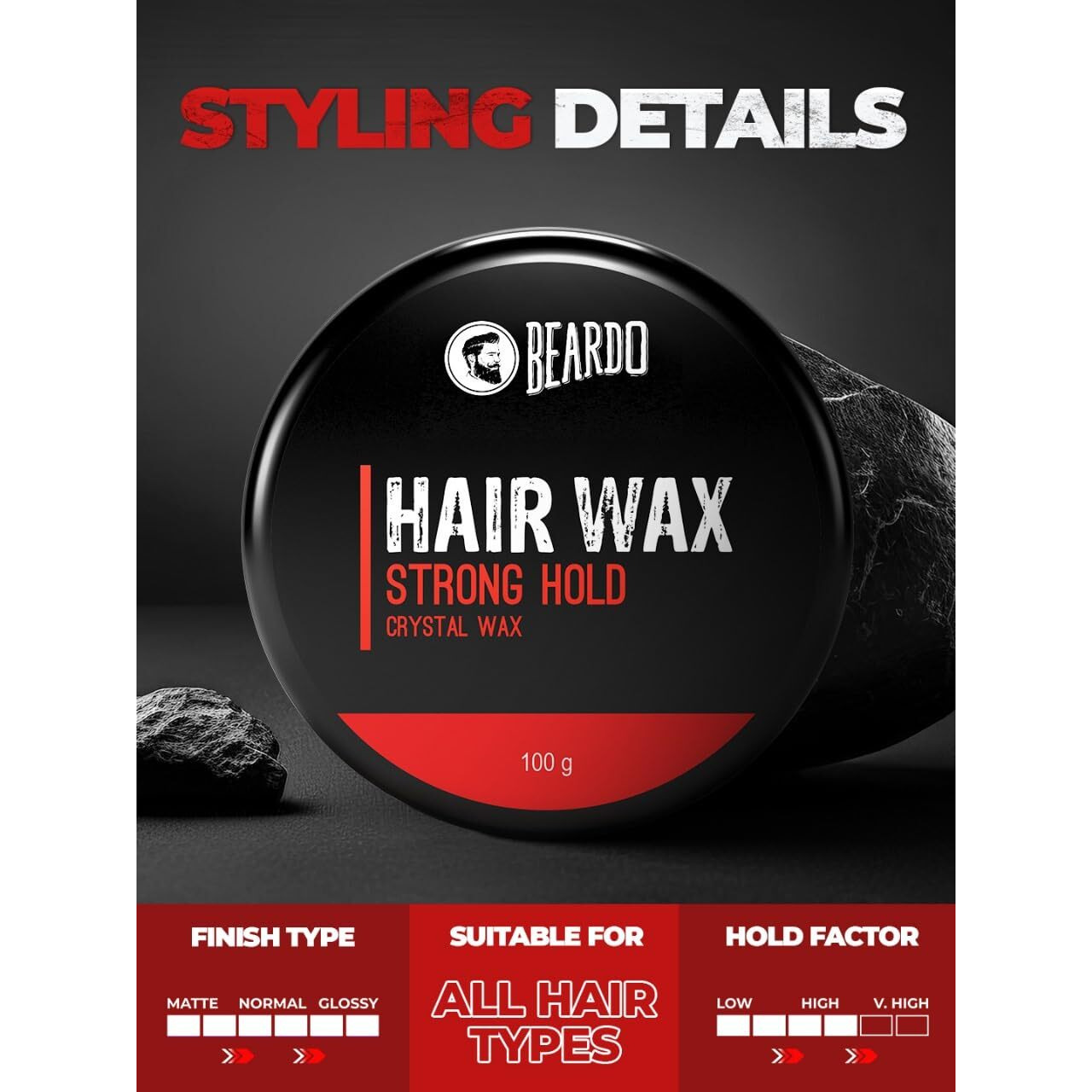 Beardo Stronghold Hair Wax For Men, 100 Gm | Crystal Hair Wax With Aloe Vera & Castor Oil | Hair Wax Men | Hair Styling Wax For Glossy Finish & Shine | Strong Hold Hair Wax